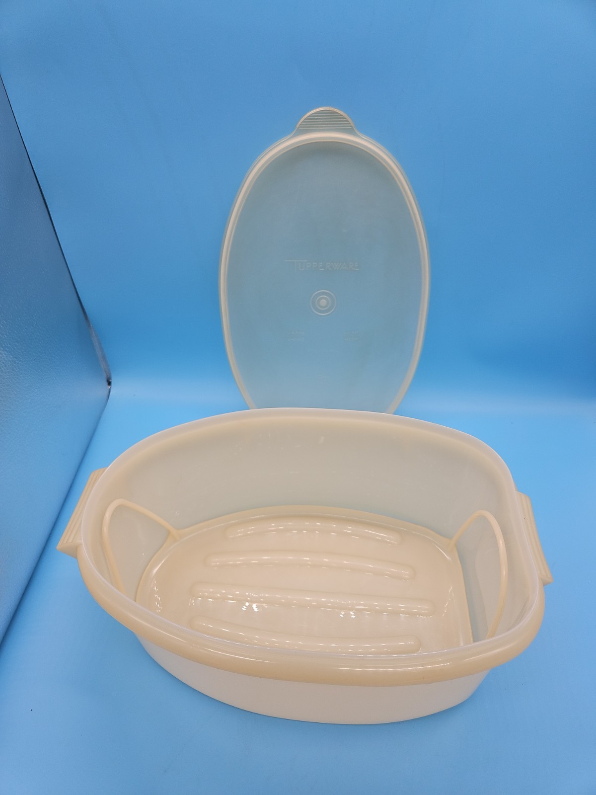 VTG 488 Tupperware Roast Flavor Saver Container Sheer White Oval with Lid & Rack