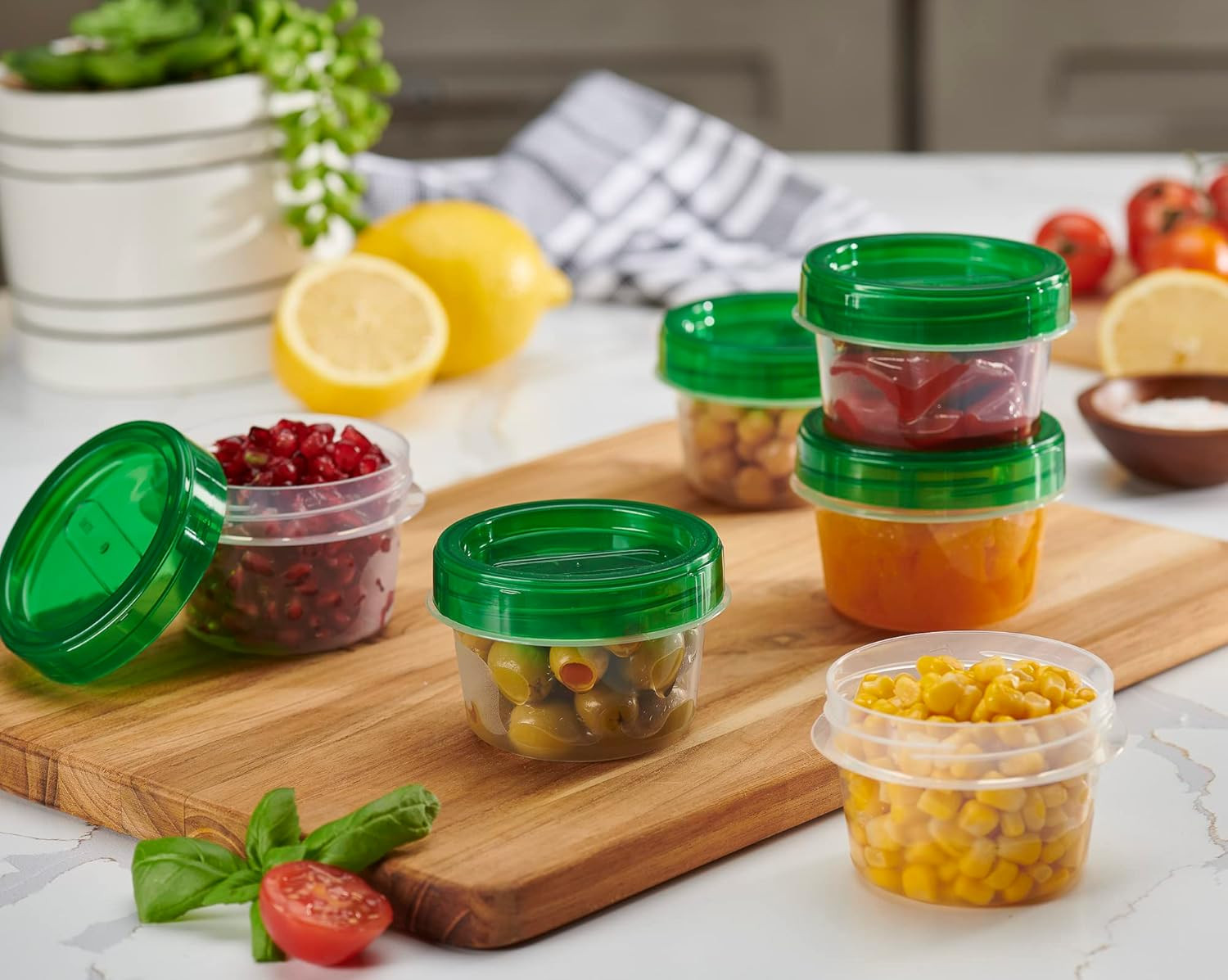 6 Pack Twist Cap Storage Containers with Green Screw on Lid- 4 Oz Reusable Meal