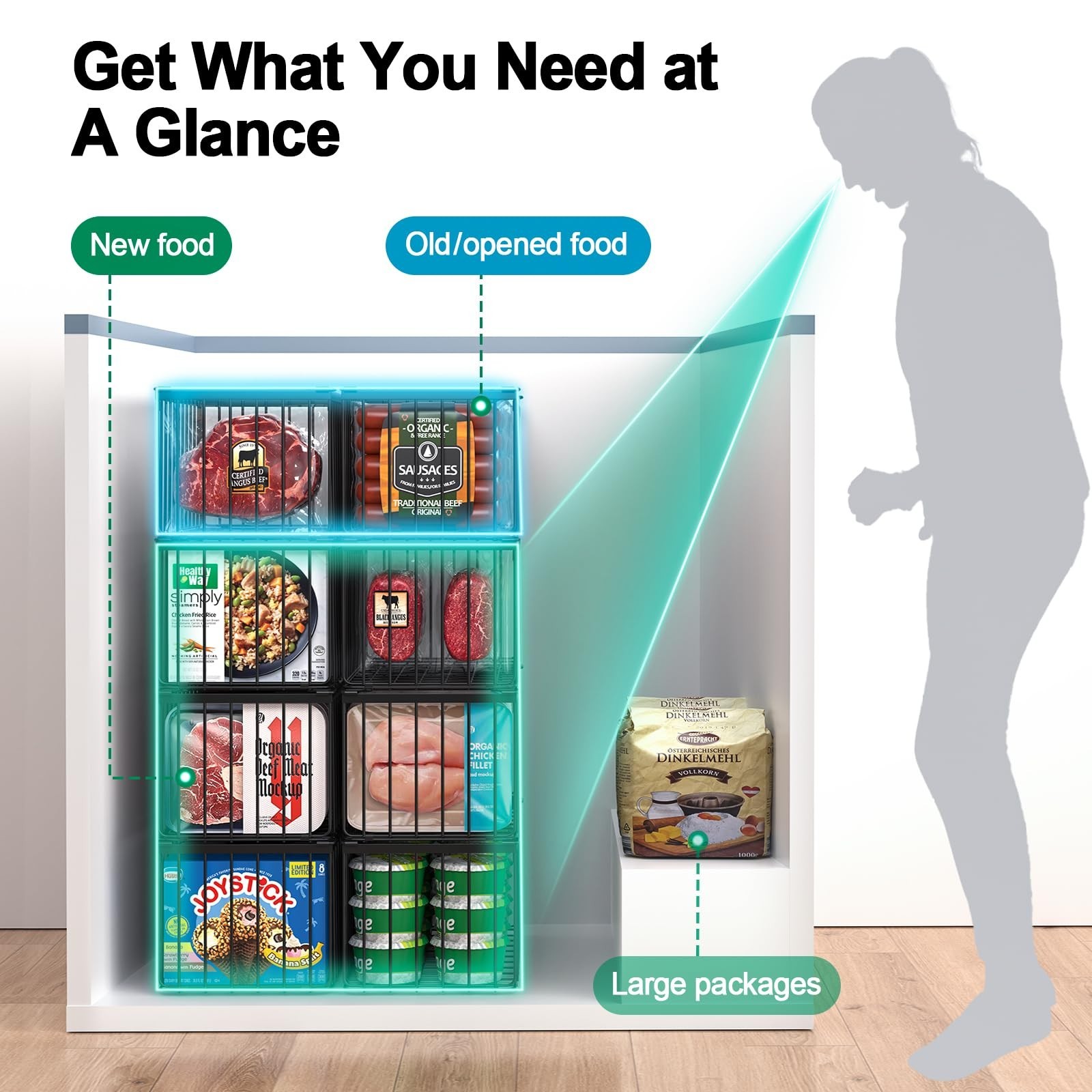Stackable Freezer Organizer Bins 4-Pack – Deep Storage Baskets with Handles for