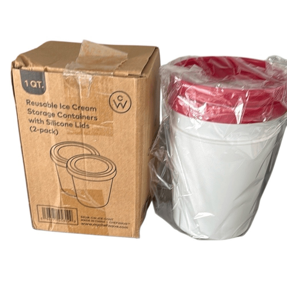 ChefWave Ice Cream Containers 2-Pack Red Silicone Lids White Body 1 QT Each 32oz