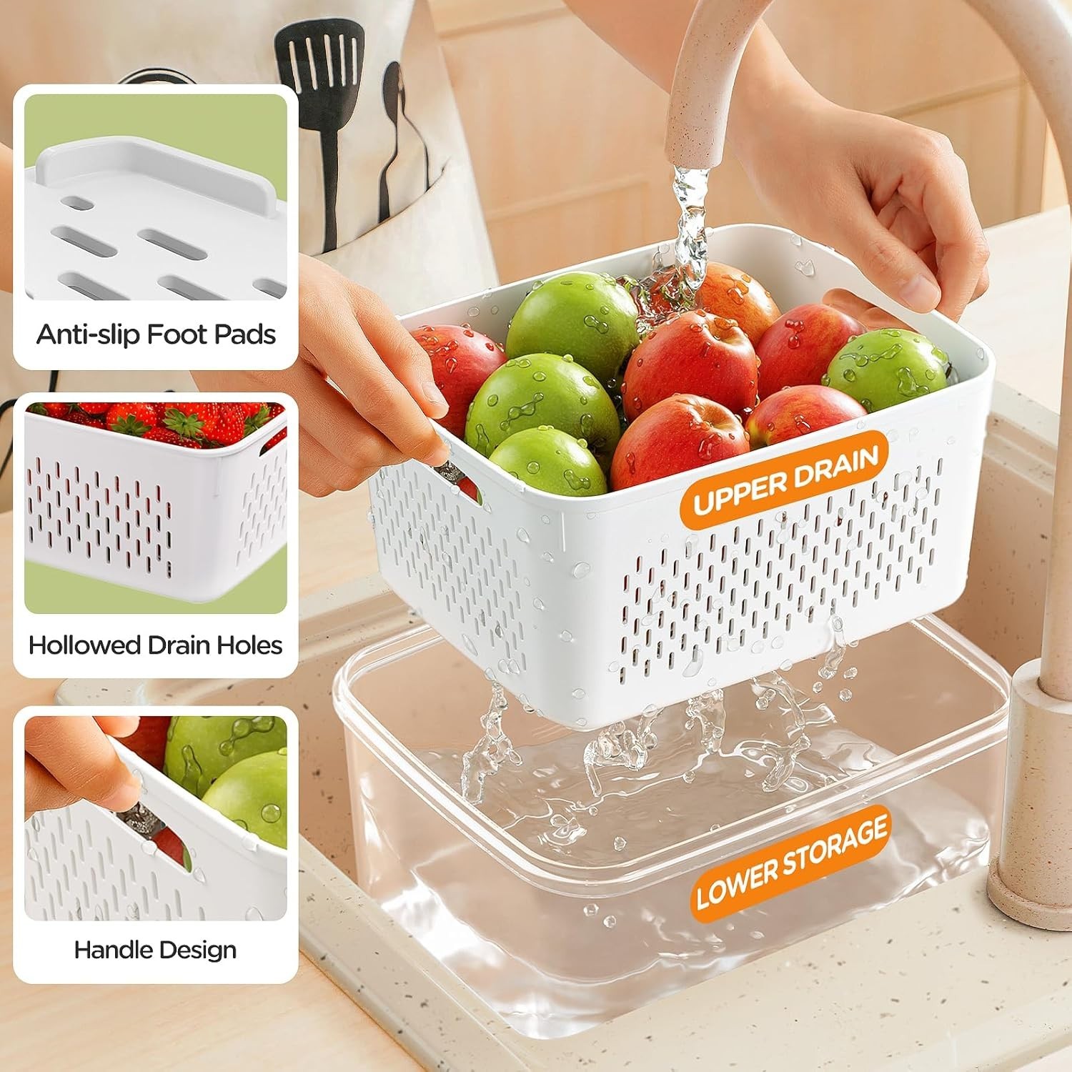 5 Pack Fruit Storage Containers with Colanders, Leakproof Fridge Organizer Bins