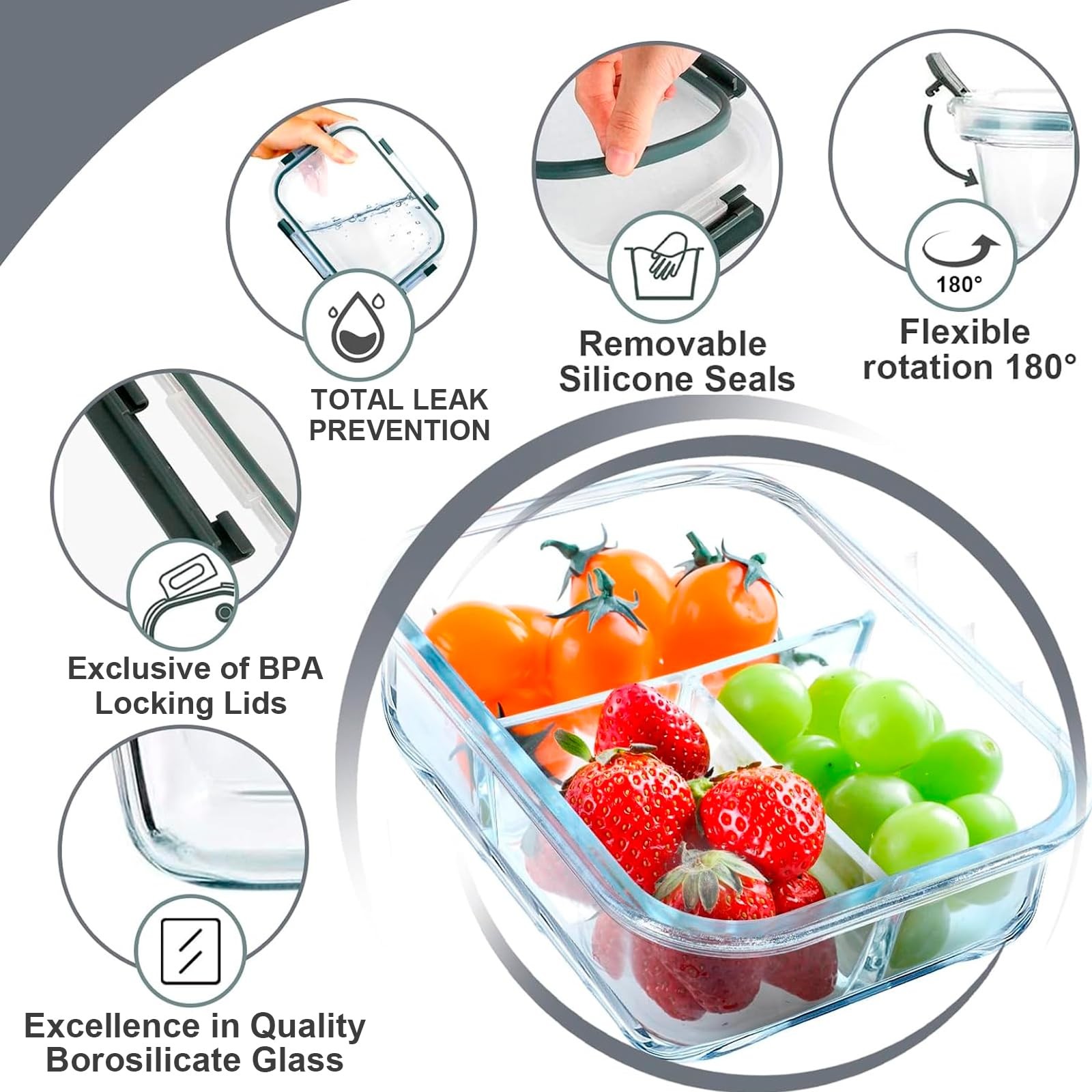 5 Pack Glass Meal Prep Containers 3 Compartment Set, 36OZ Airtight Glass Lunc…