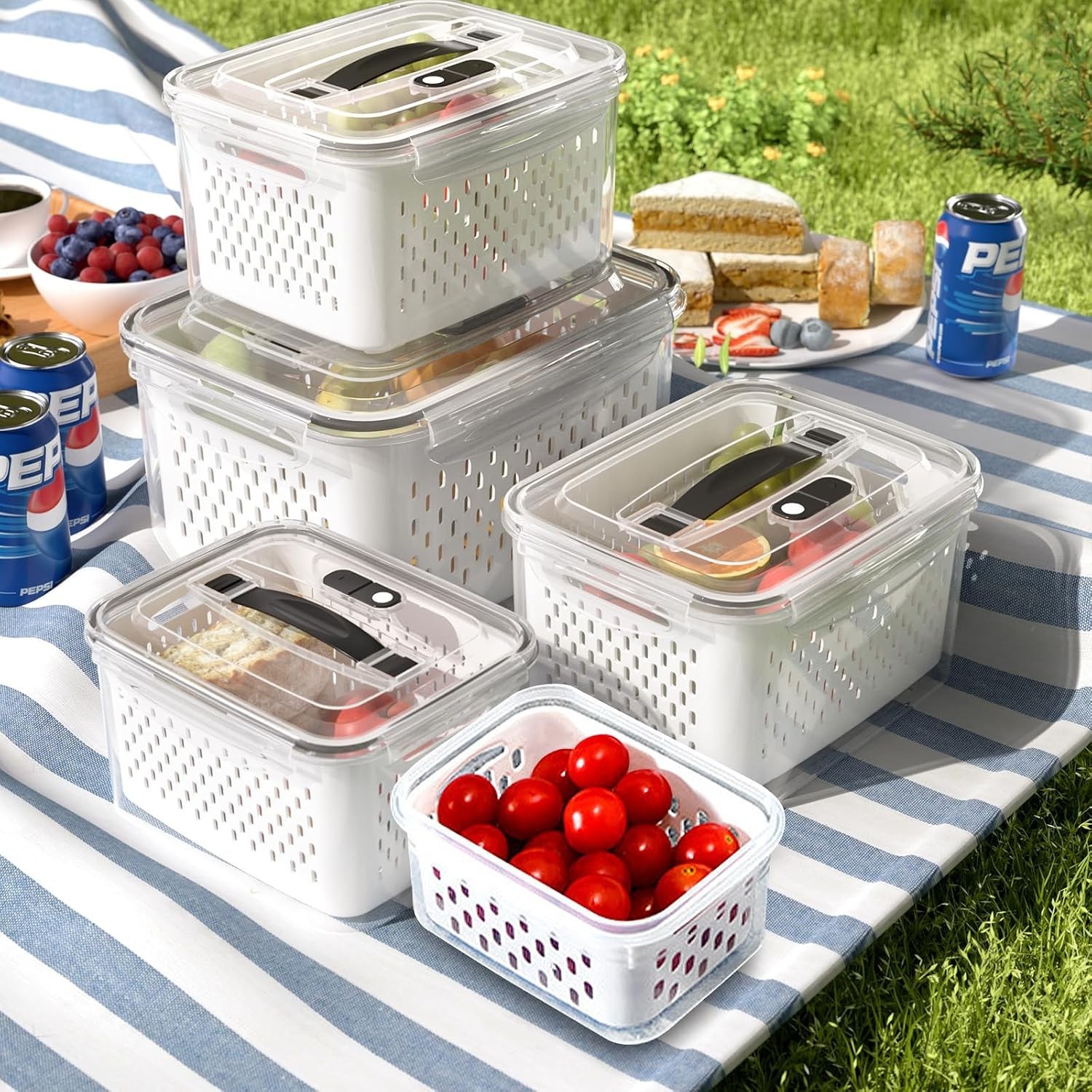 5 Pack Large Fruit Storage Containers for Fridge with vent holes and handle，A…