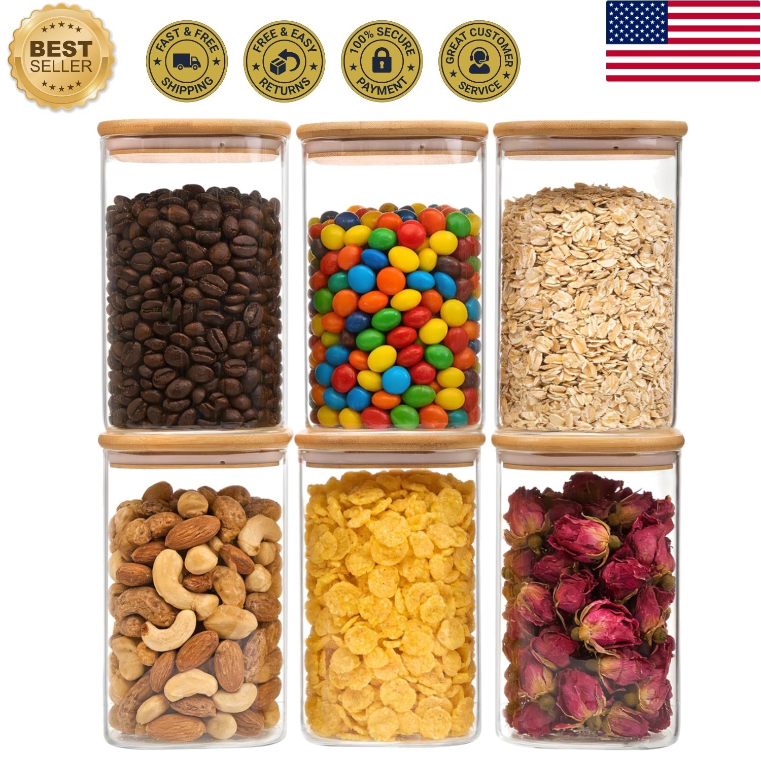 6 Pack 1.2qt Glass Storage Containers with Bamboo Press Lids, Airtight Pantry…