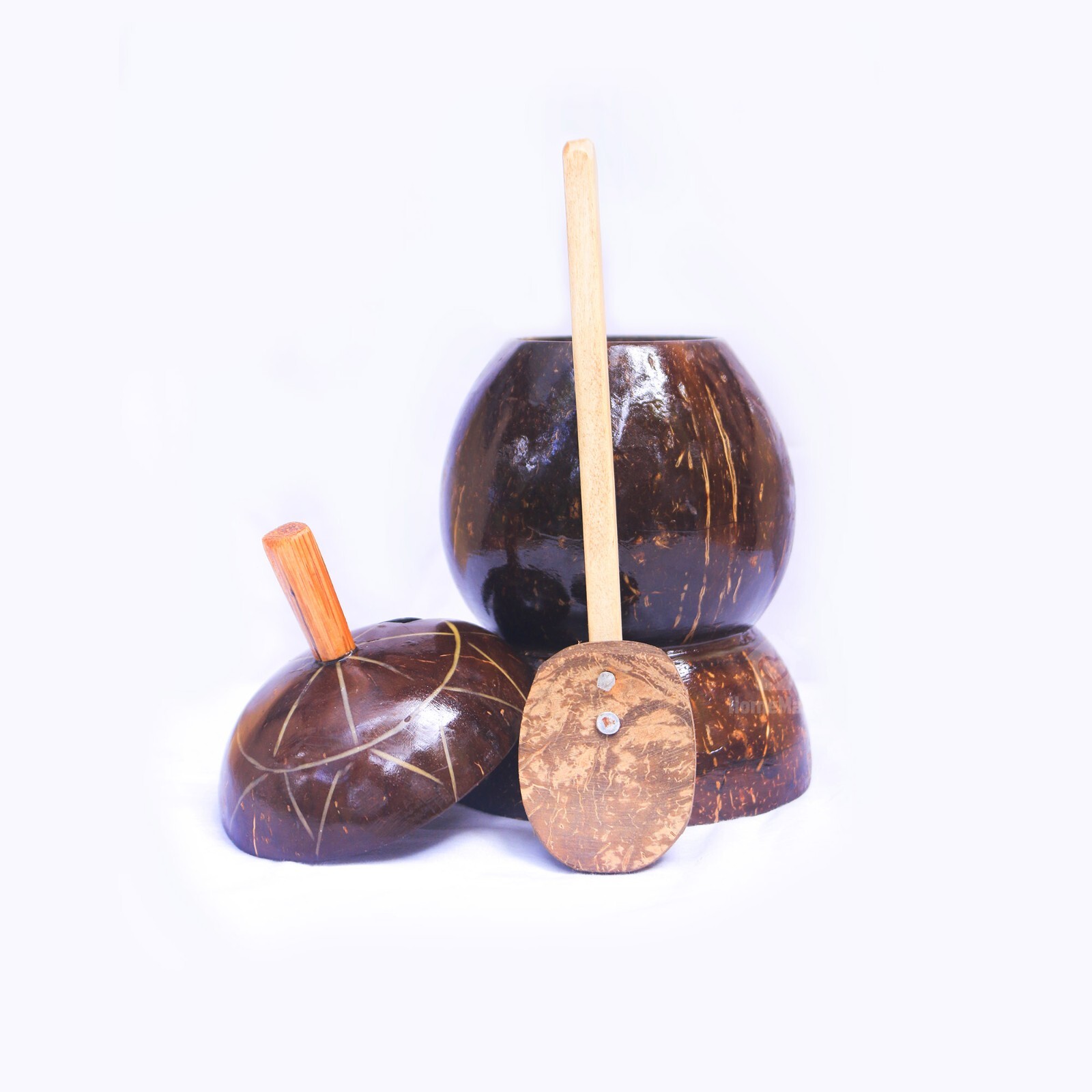 Eco Friendly Organic Handmade coconut shell salt container with spoon