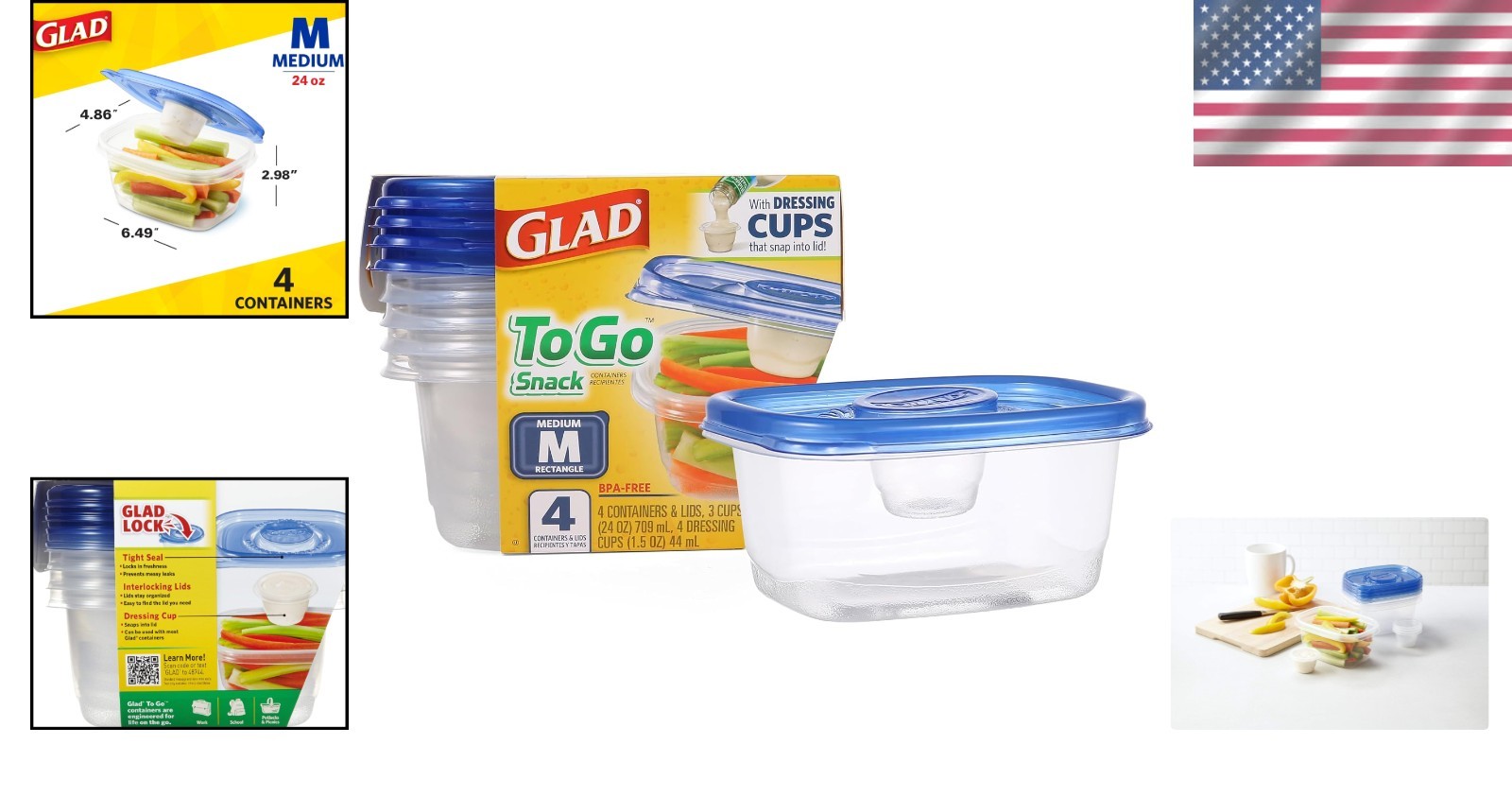 Versatile 24 Oz Food Storage Containers with Dressing Cups, BPA Free, 4 Pack