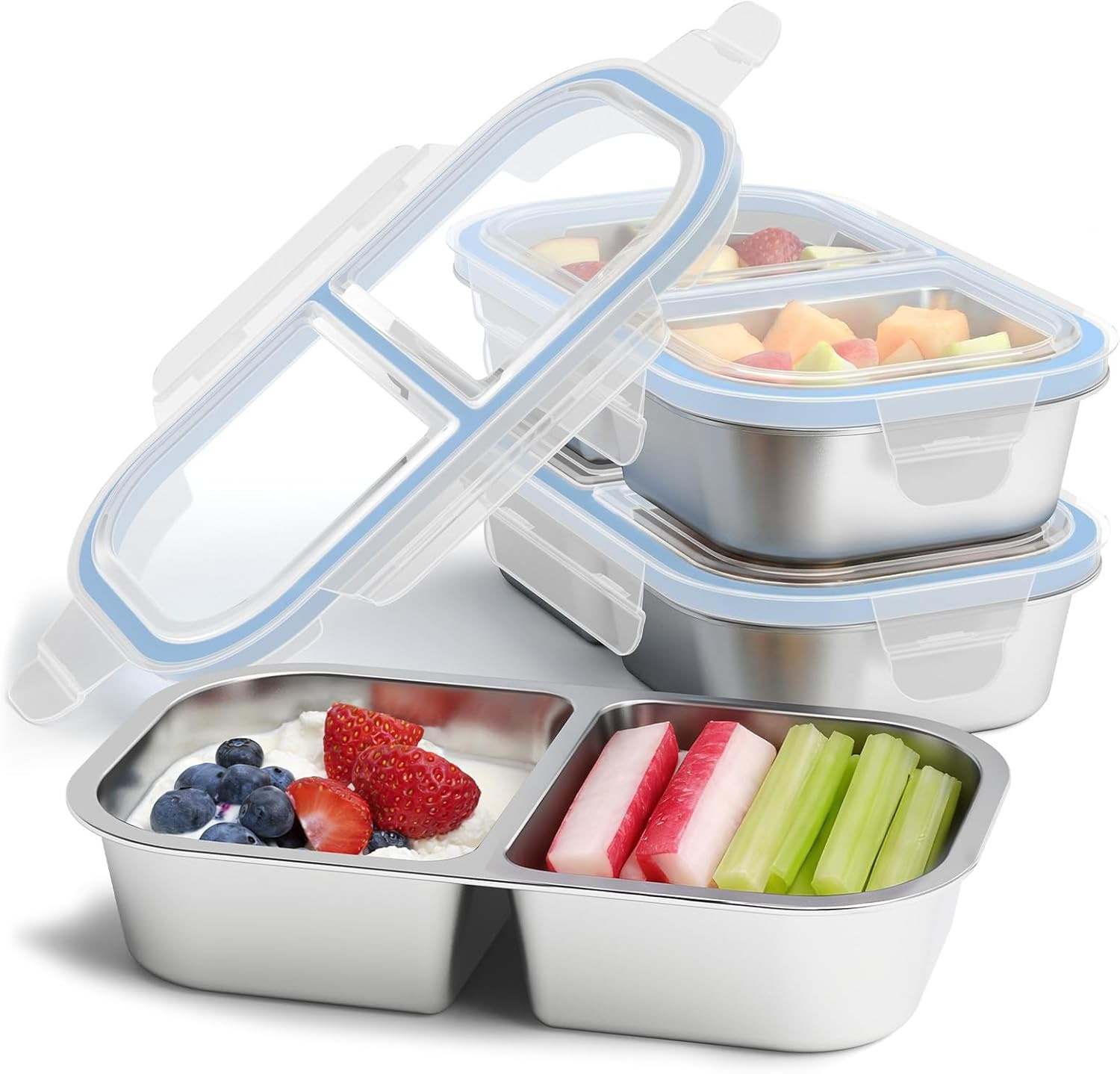 3 Pack Stainless Steel Snack Containers, 2 Compartment Reusable Metal Snack Boxe