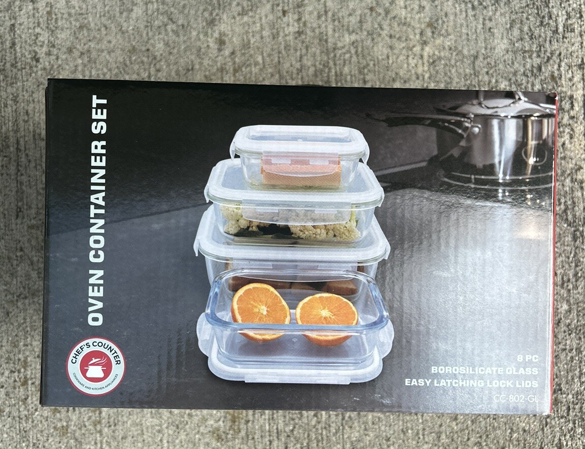 Chef’s Counter 8-PC Glass Container Set with Lids Microwave Dishwasher Safe NEW