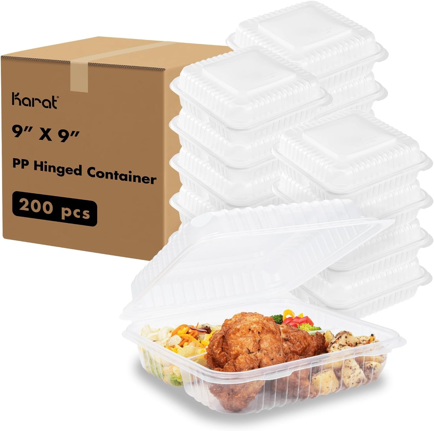 9″X 9″ PP Hinged Containers 3 Compartment Case of 200 9.02″L x 8.47″W x 3.02″H