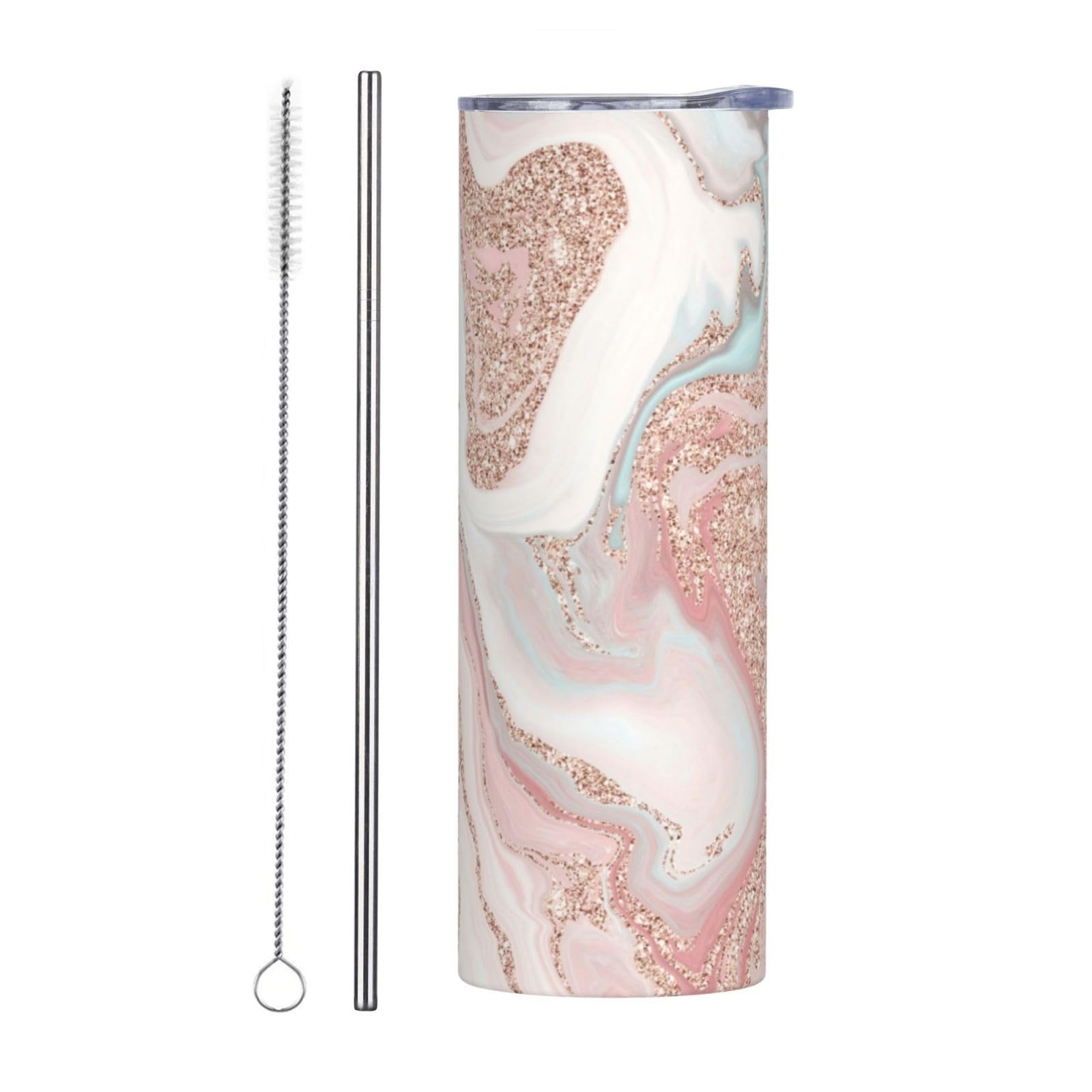 Yzdplo Rose Gold Glitter Coral Gray Pastel Marble 20 Oz Tumbler Stainless Steel