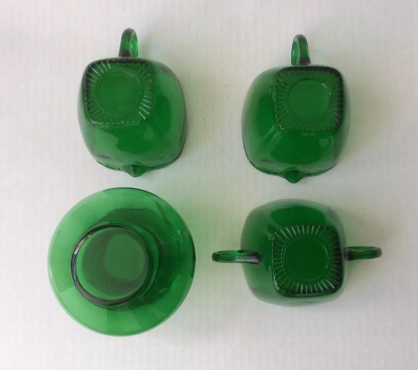 Lot of 4 Pcs Vintage Green Glass: 1 Vase & 2 Cups & 1 Cup W/ Double Handlers