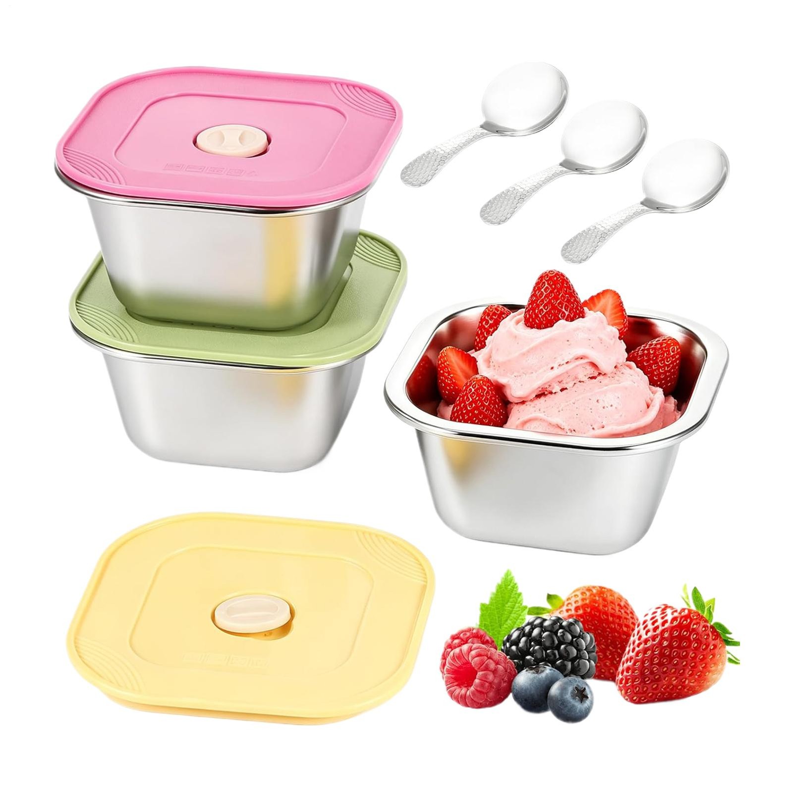 Ice Cream Containers ‚Pack of 3 Reusable stainless steel Containers with lids