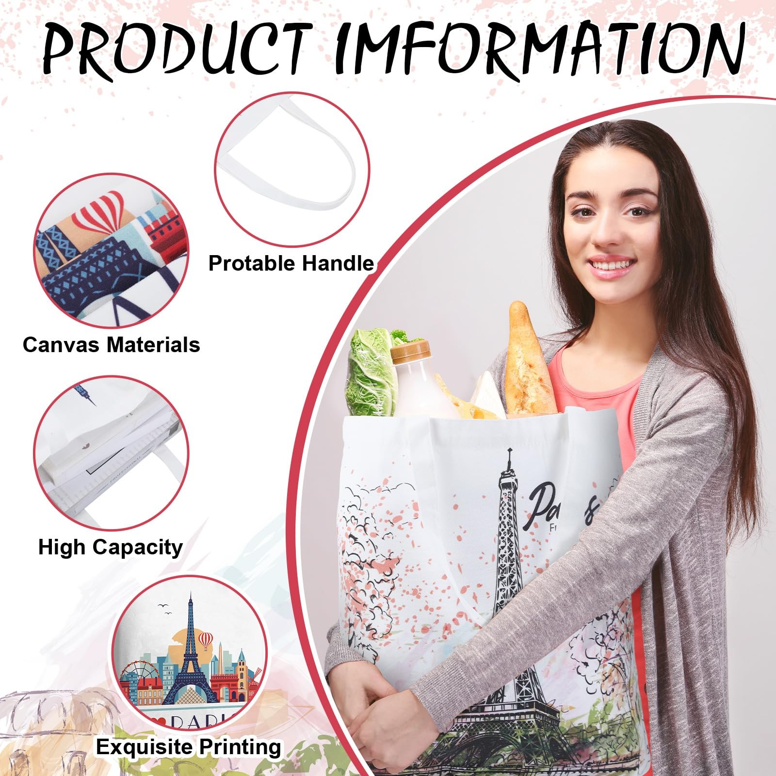 Bulyoou 9 Pcs Paris Tote Canvas Bags Souvenir Gift Grocery Shopping Tote Bag
