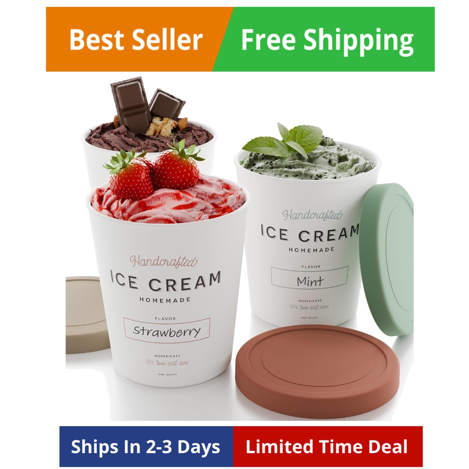 Set of 2 Reusable Ice Cream Tub Containers 1 Quart Ea. – Perfect for Homemade
