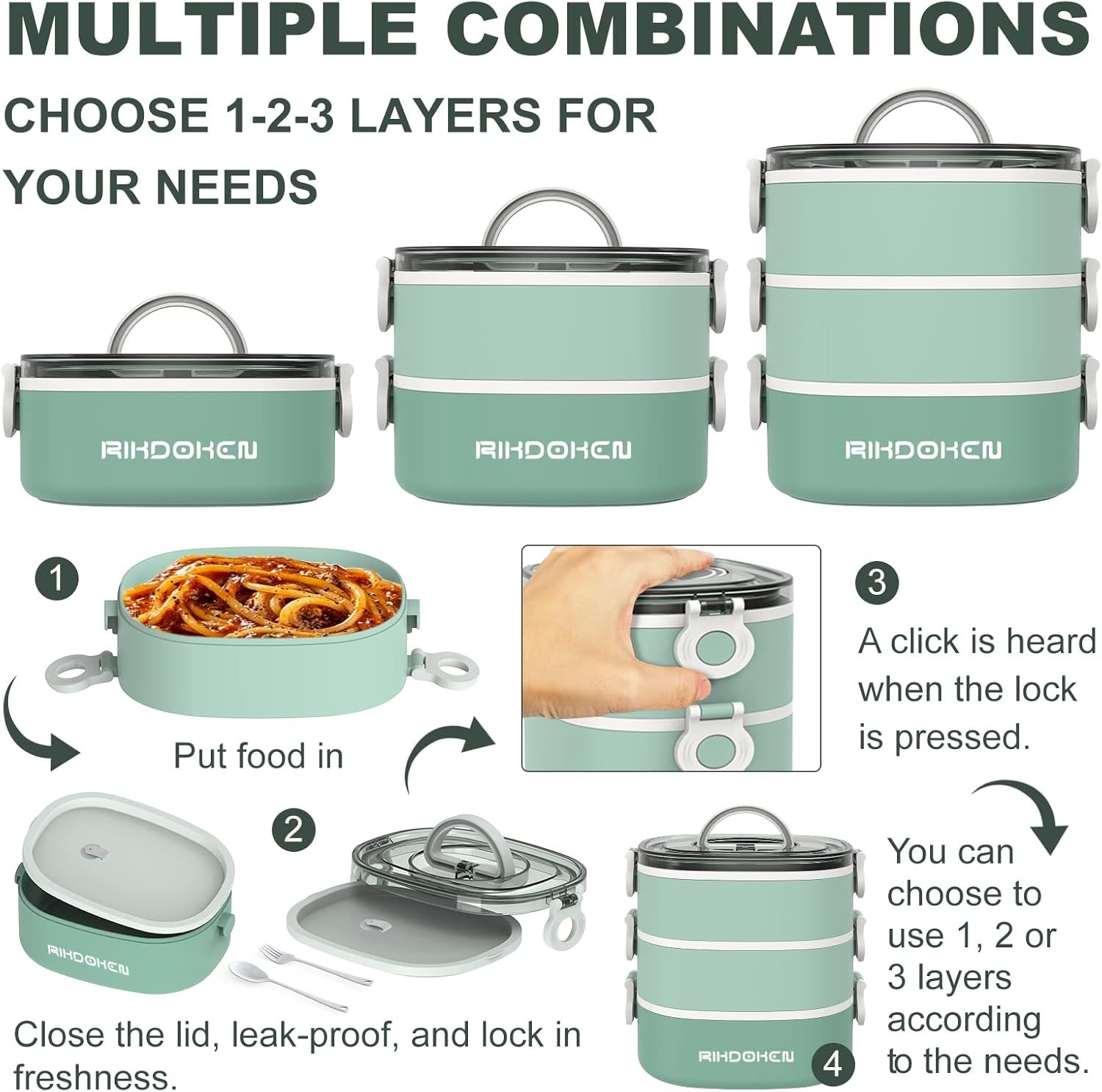 Lunch Box, Stackable 3 Layers Containers, Portable 94OZ 3 Layers, A-Green