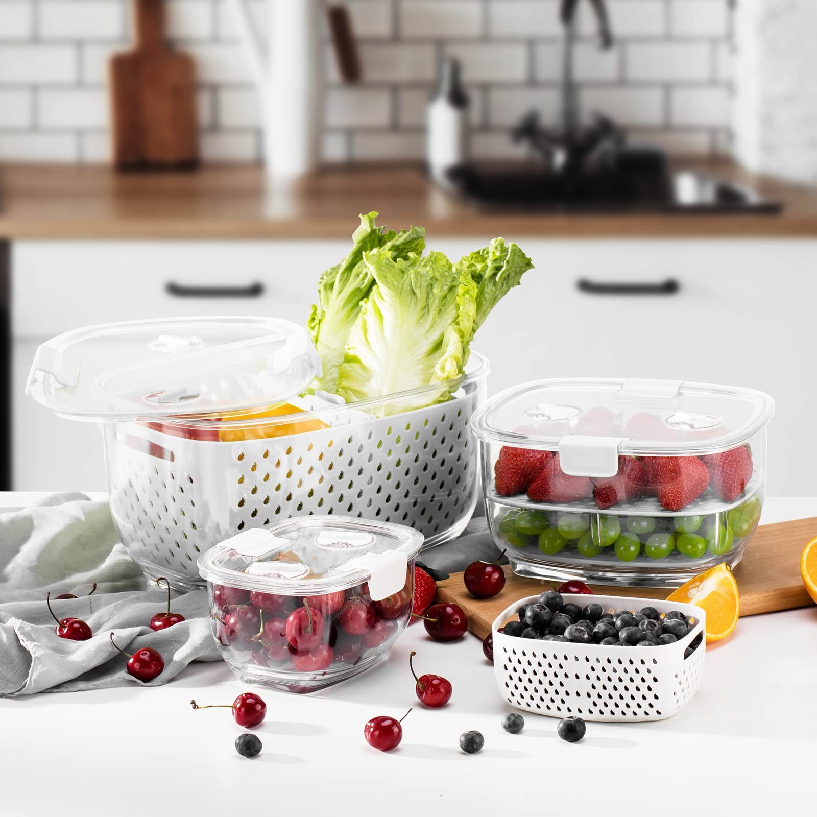 Fresh Produce Storage Containers 3Pcs Set, Bpa Free Fridge Organizer, White