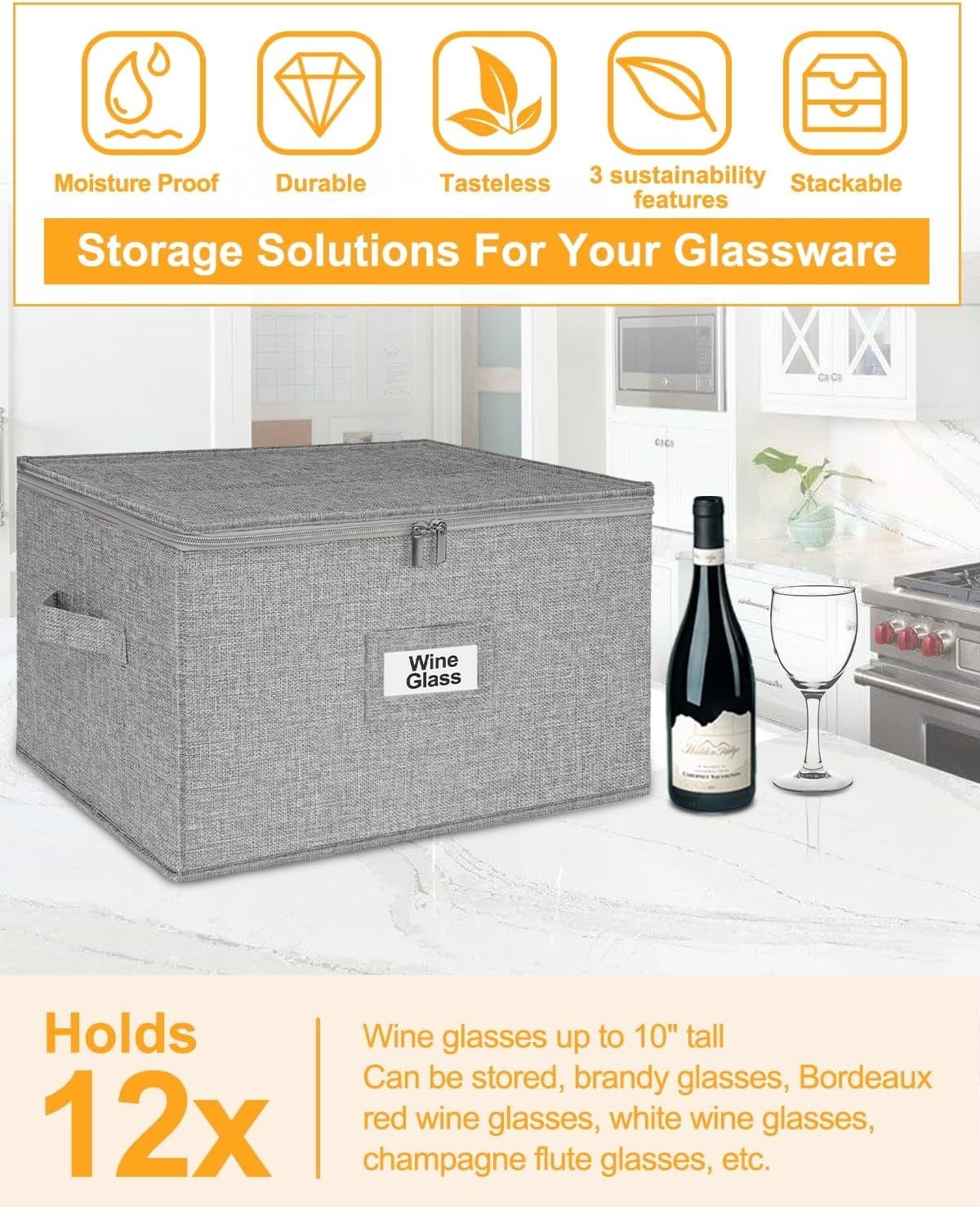 Wine Glass Storage Box, Glassware Storage Containers w/Hard Shell Side Bottom…