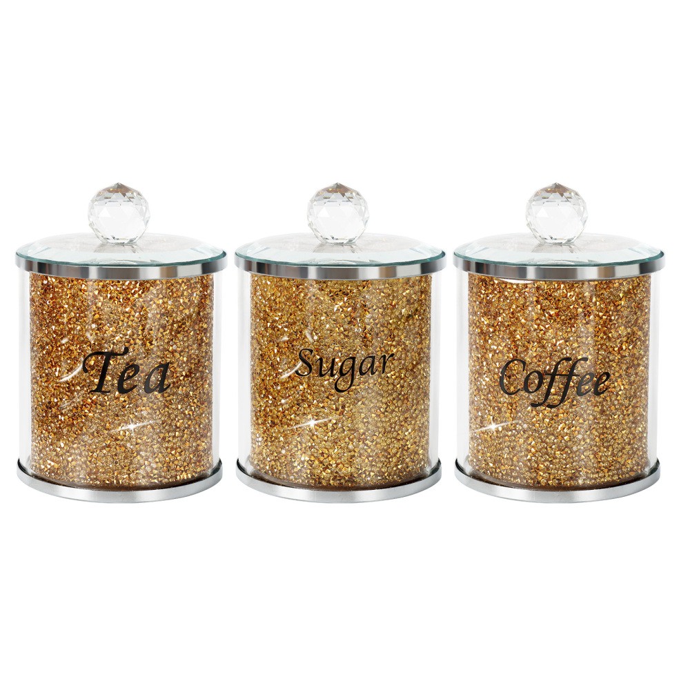 Gold- Coffee Sugar Tea Crystal Canister,Sparkly Crushed Diamonds Jar Storage Set