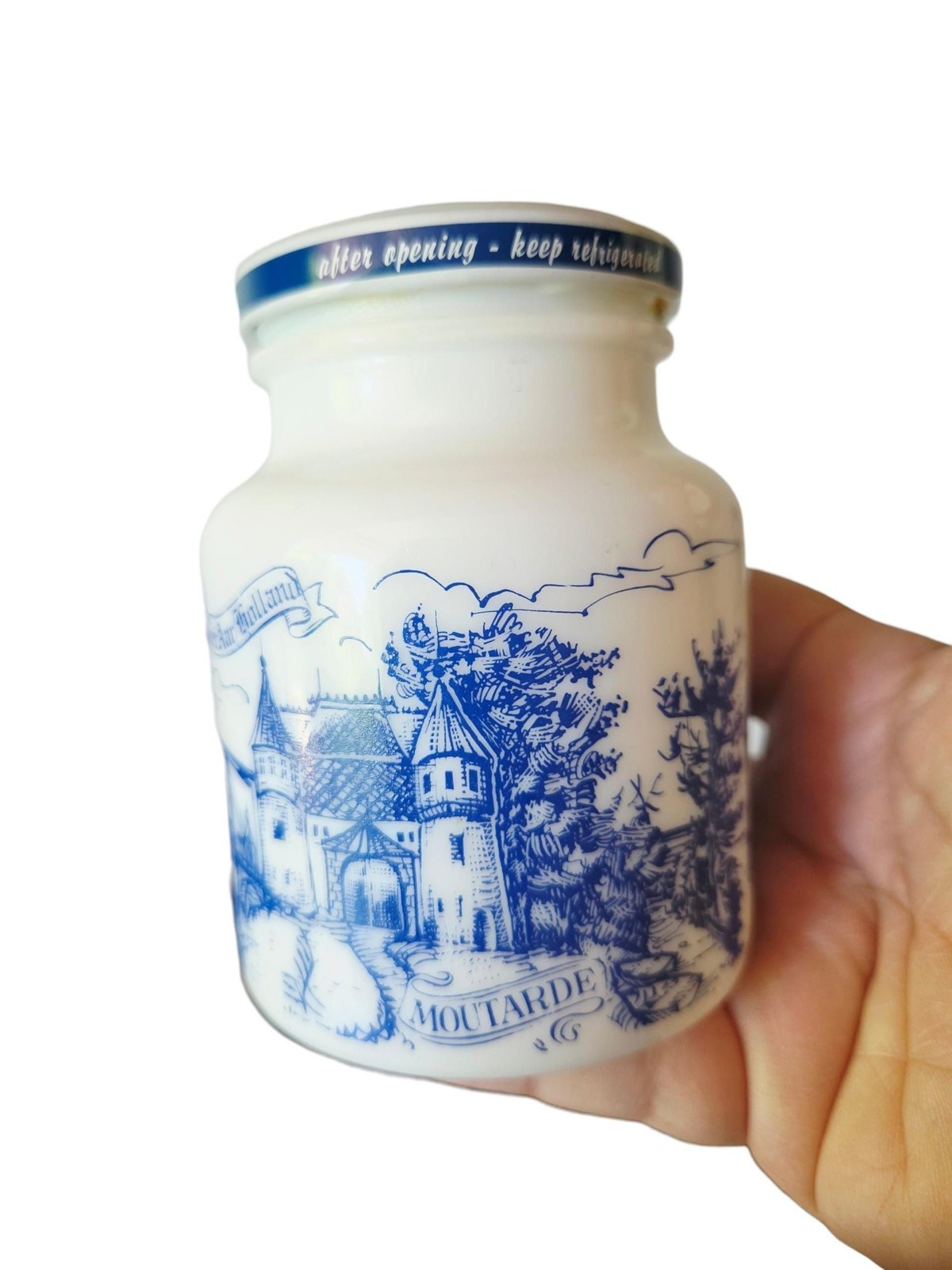 Vintage Milk Glass Mustard Jar Ter Aar Holland Delft Blue Style Empty 4”