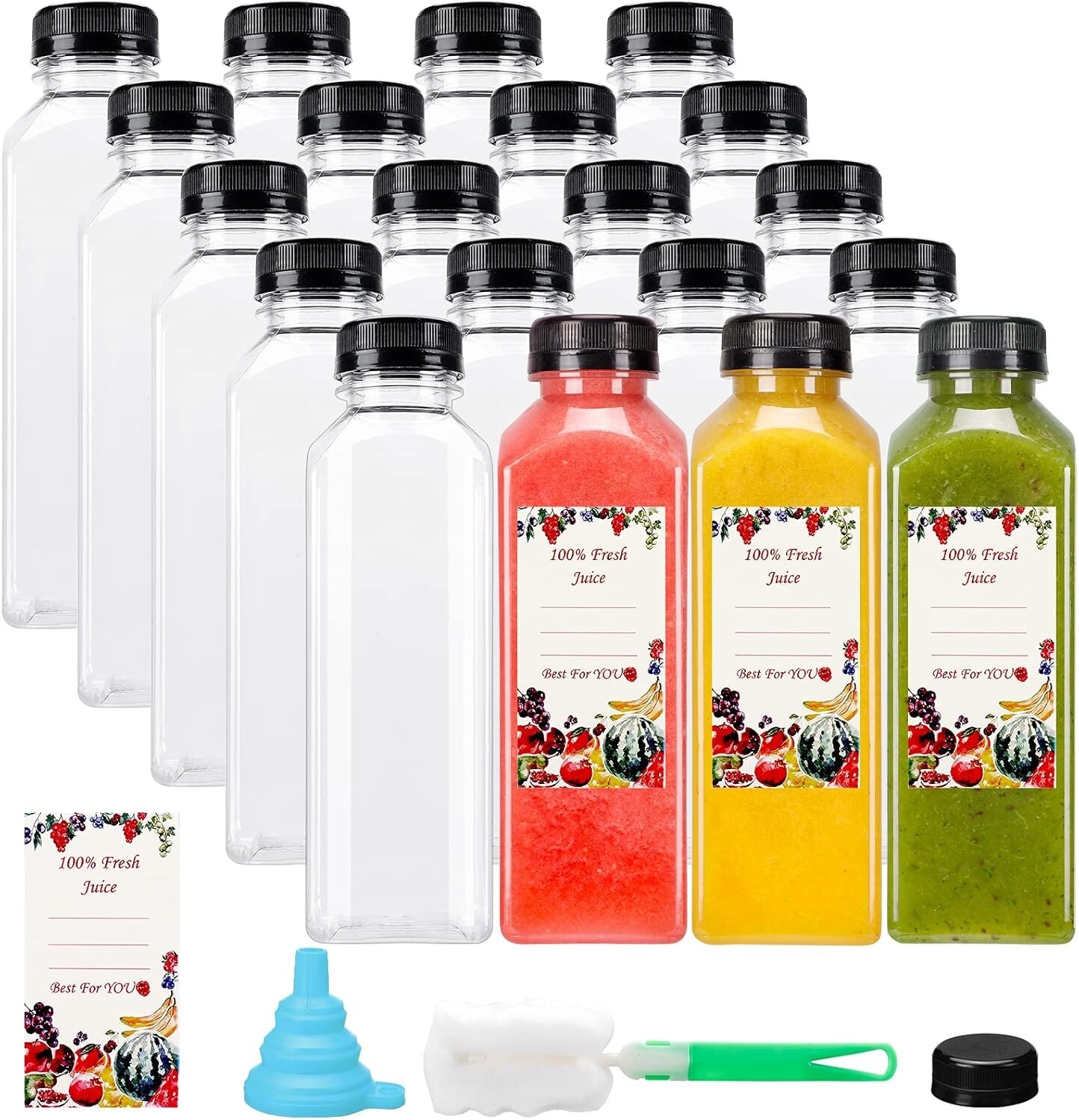 Functional 20-Pack of 16oz Plastic Bottles with Leak-Proof Caps & Accessories