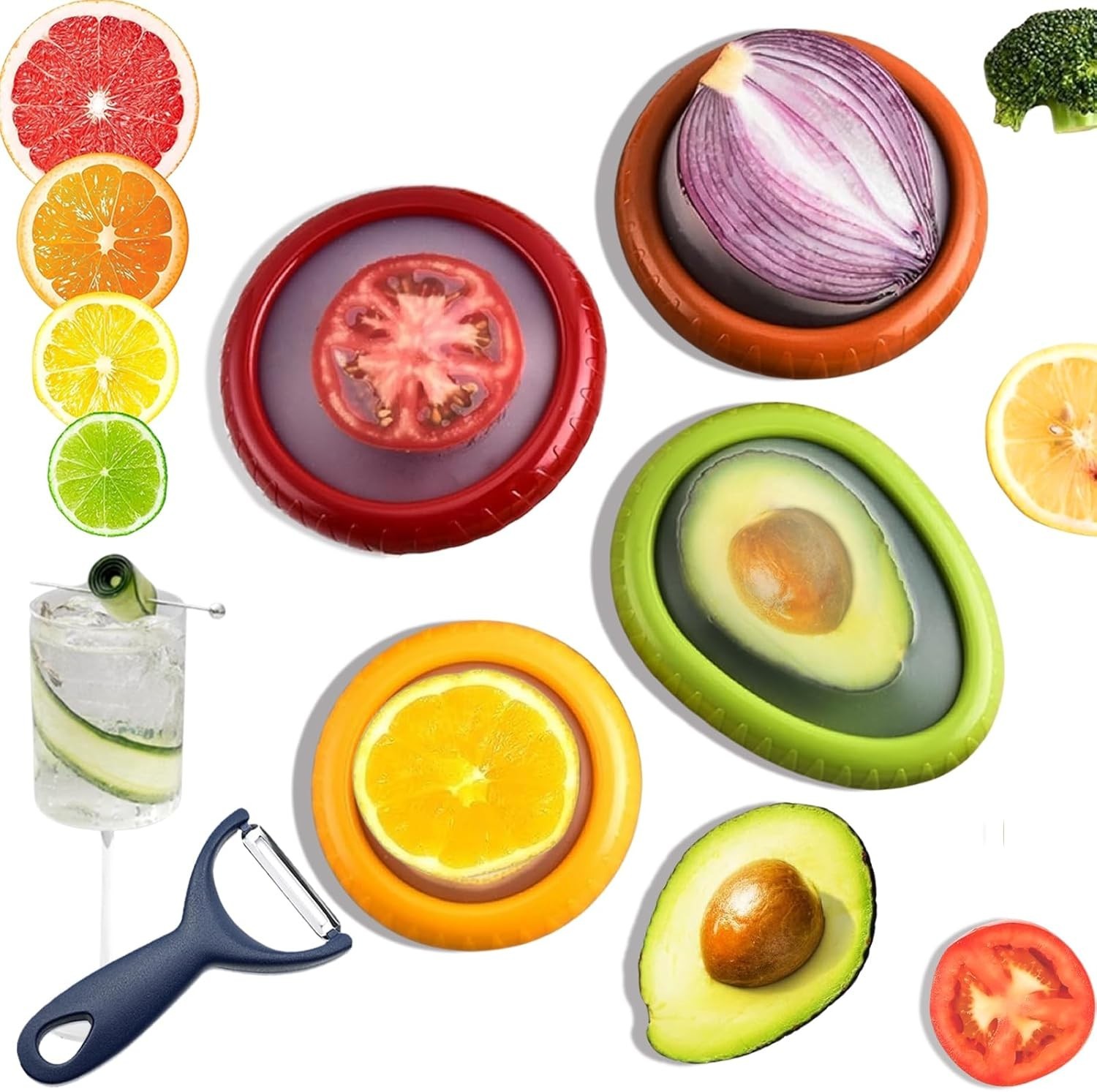 5-Piece Avocado Saver and Tomato Holder Set – 4 Reusable Silicone Food Storag…