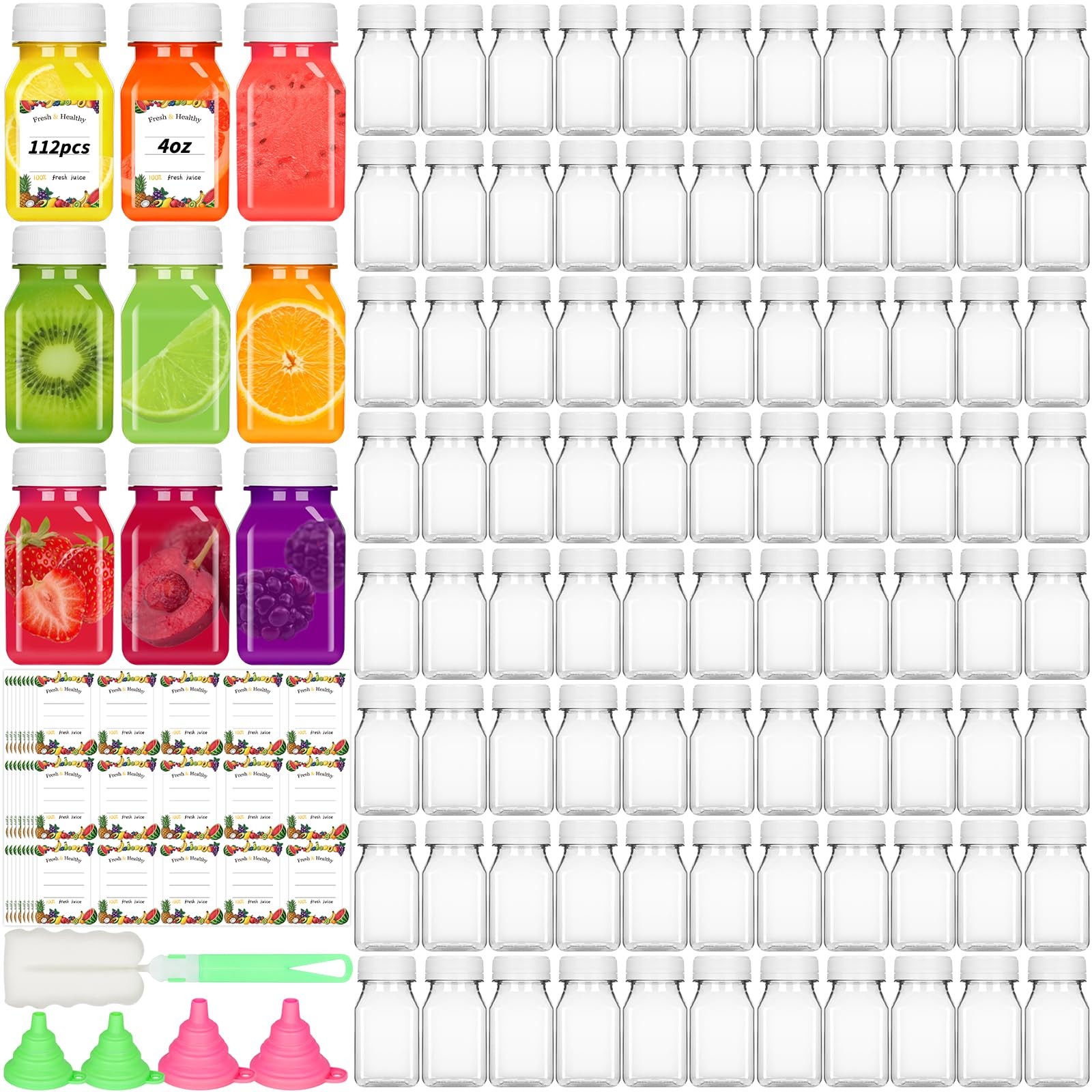 UZLU 112 Pcs 4oz Juice Bottles Small Plastic Bottles with Caps Reusable Clear Co