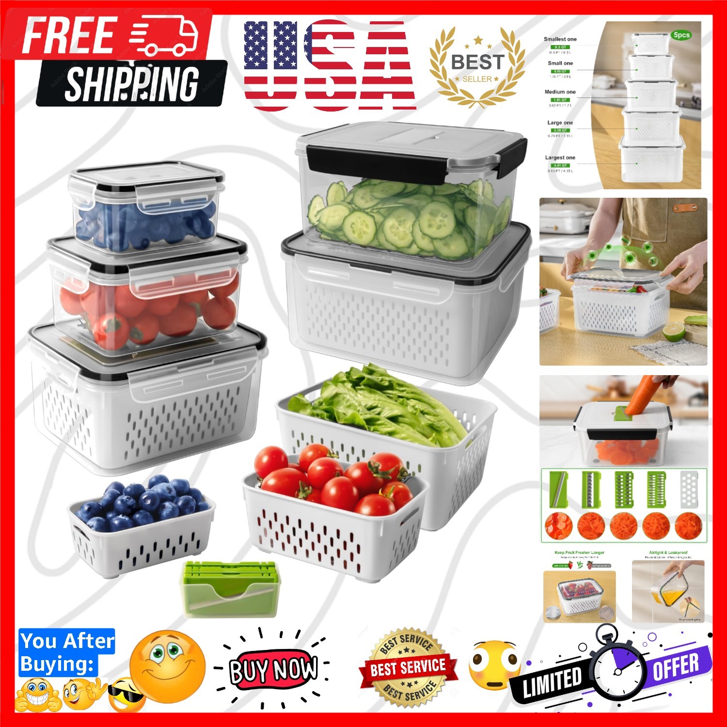 5 PCS Fruit storage Containers for Fridge with Removable Colander and Chopper…
