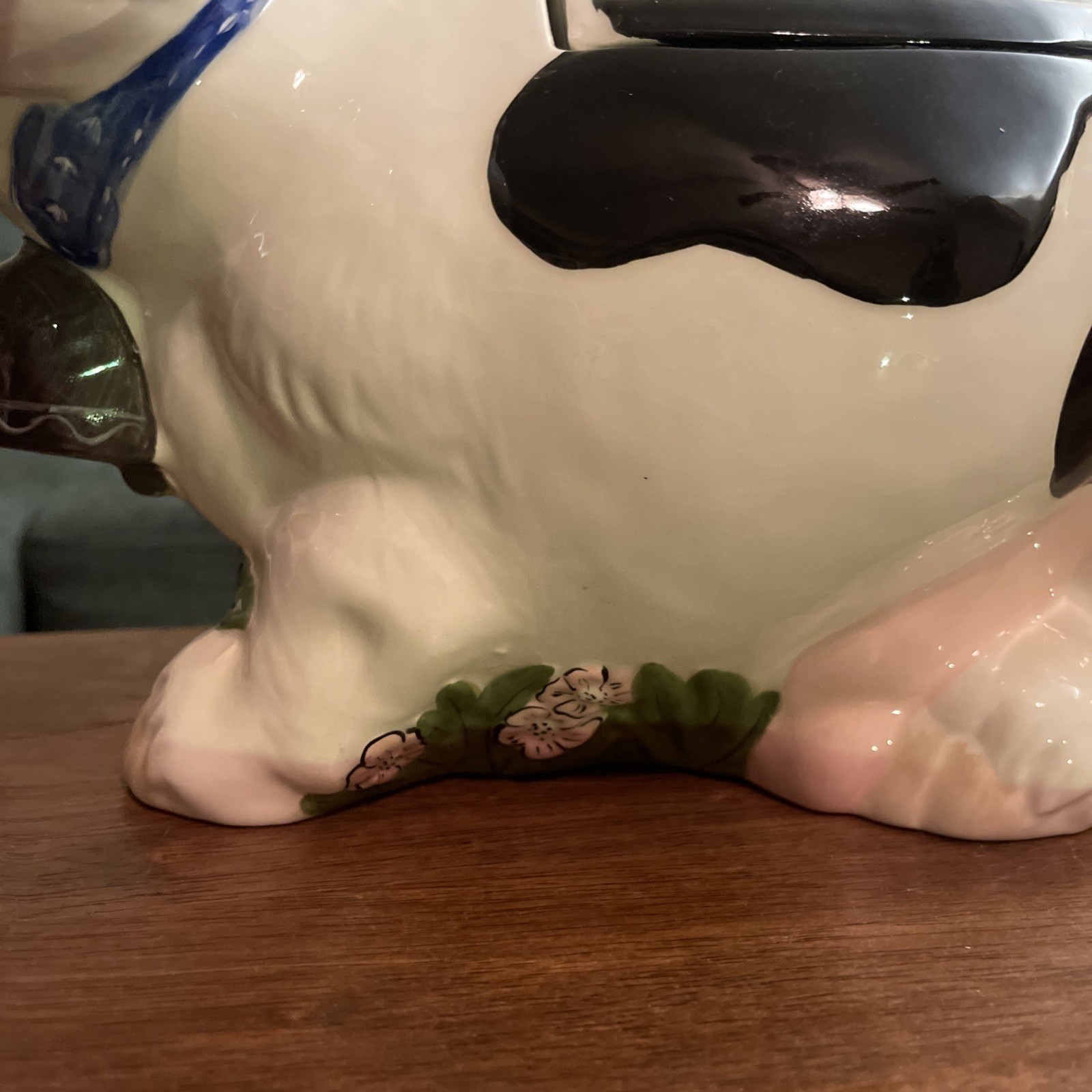 VTG Ceramic Cow Cookie Jar Black White Pink Bow Granny Twin Winton Cottage 16″