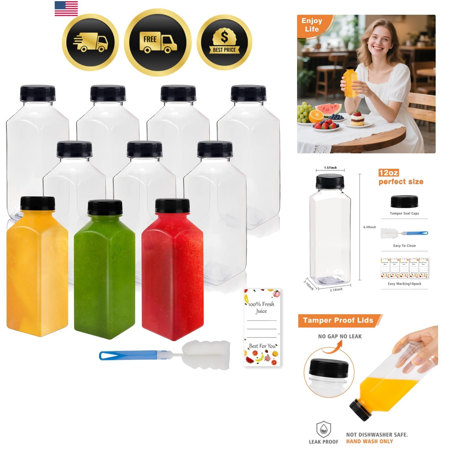 10 Pcs 12oz Plastic Juice Bottles With Caps, Reusable Food Grade Chear Juice …