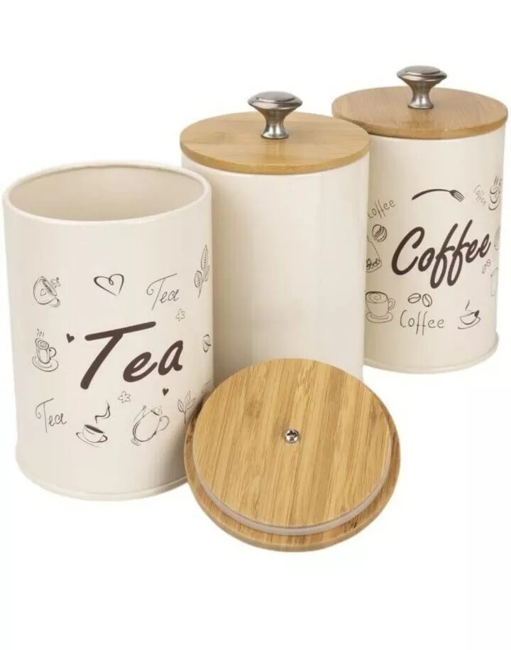 X022S Set of 3 Metal Food Storage Tin Canister/Jar with Bamboo Lid () CREAM B
