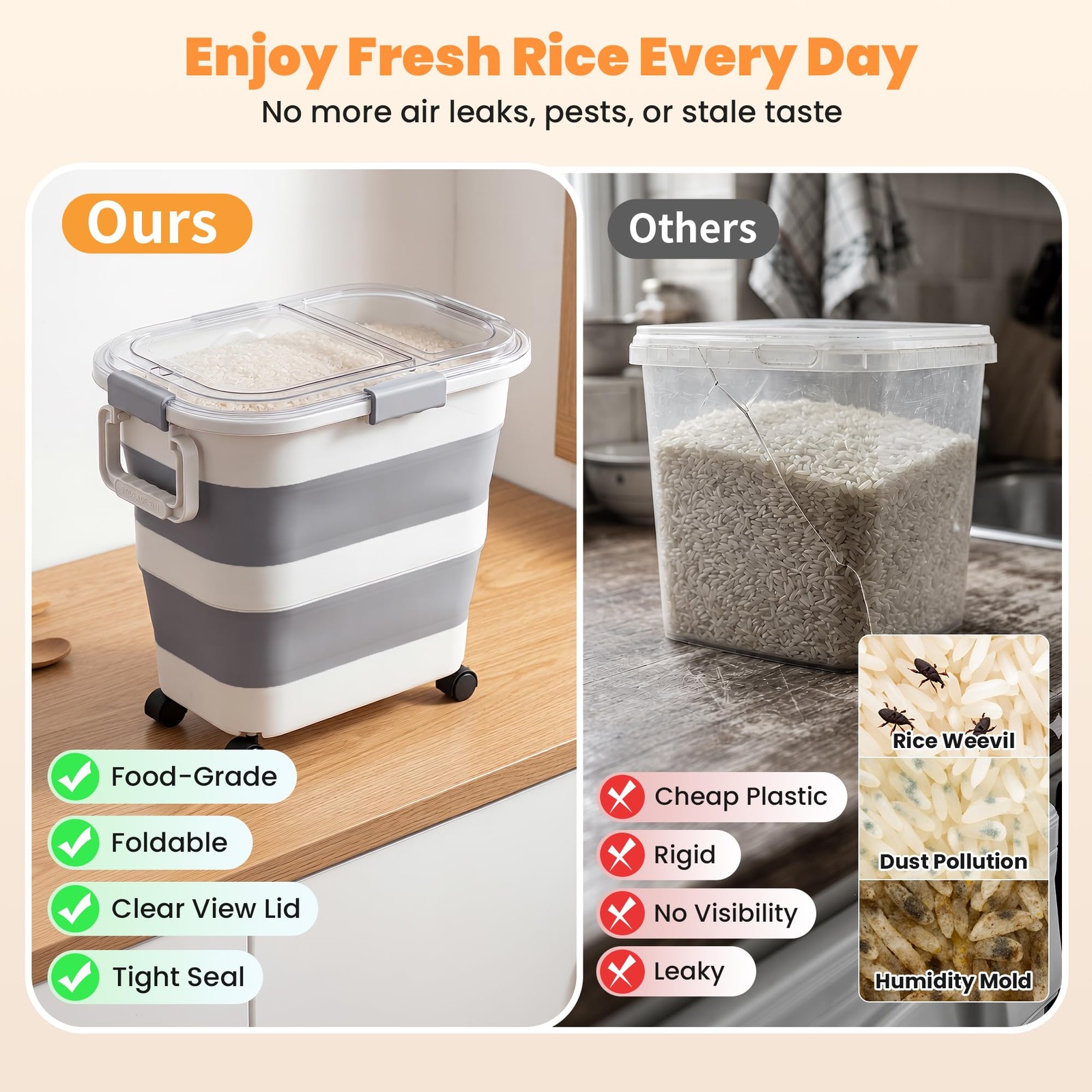 30 Lbs Rice Storage Container with Wheels, Collapsible Airtight Dog Food Stor…
