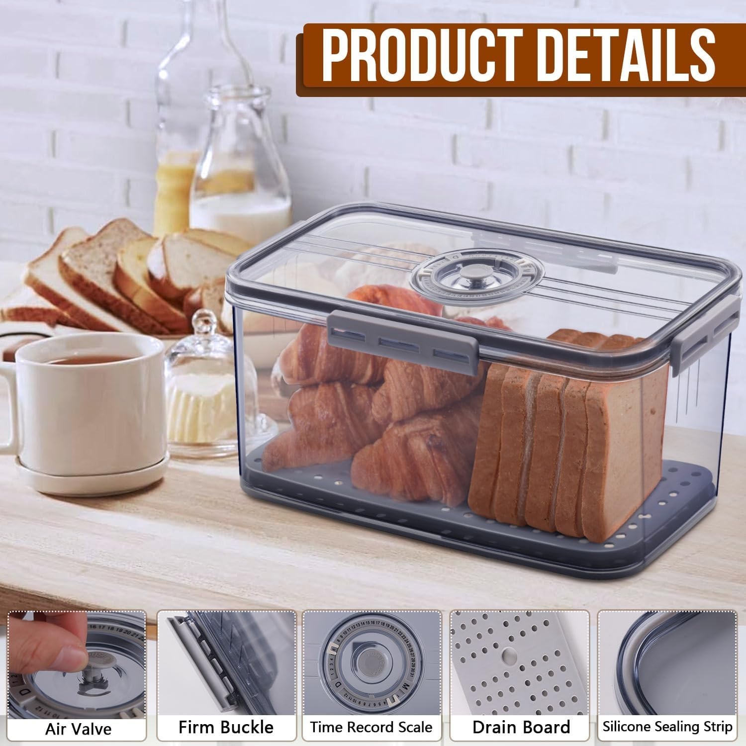 Bread Box For Kitchen Countertop, Airtight Bread Storage Container PBA free