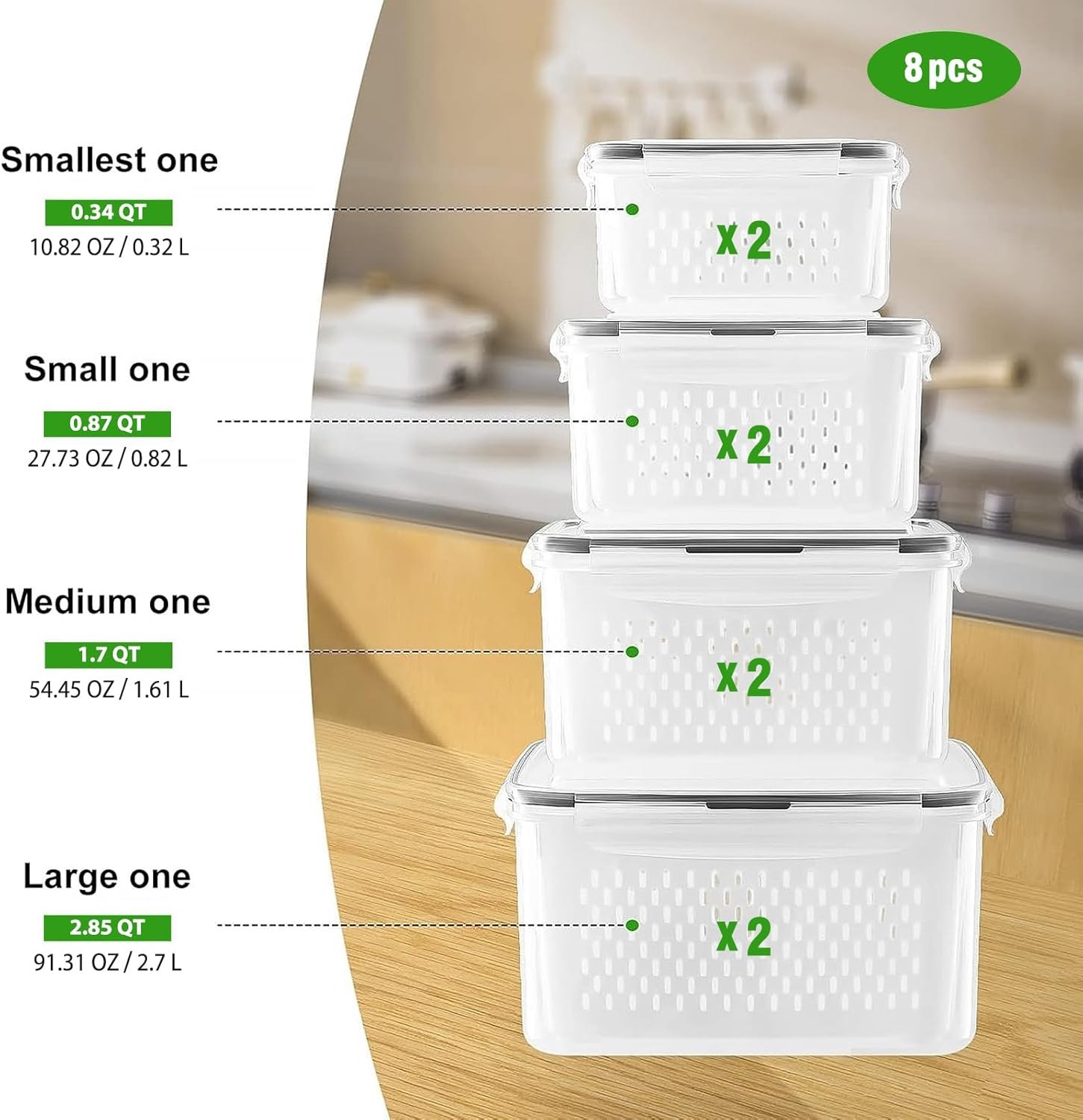 Fruit Storage Containers for Fridge with Colander 4PCS Airtight Produce Saver
