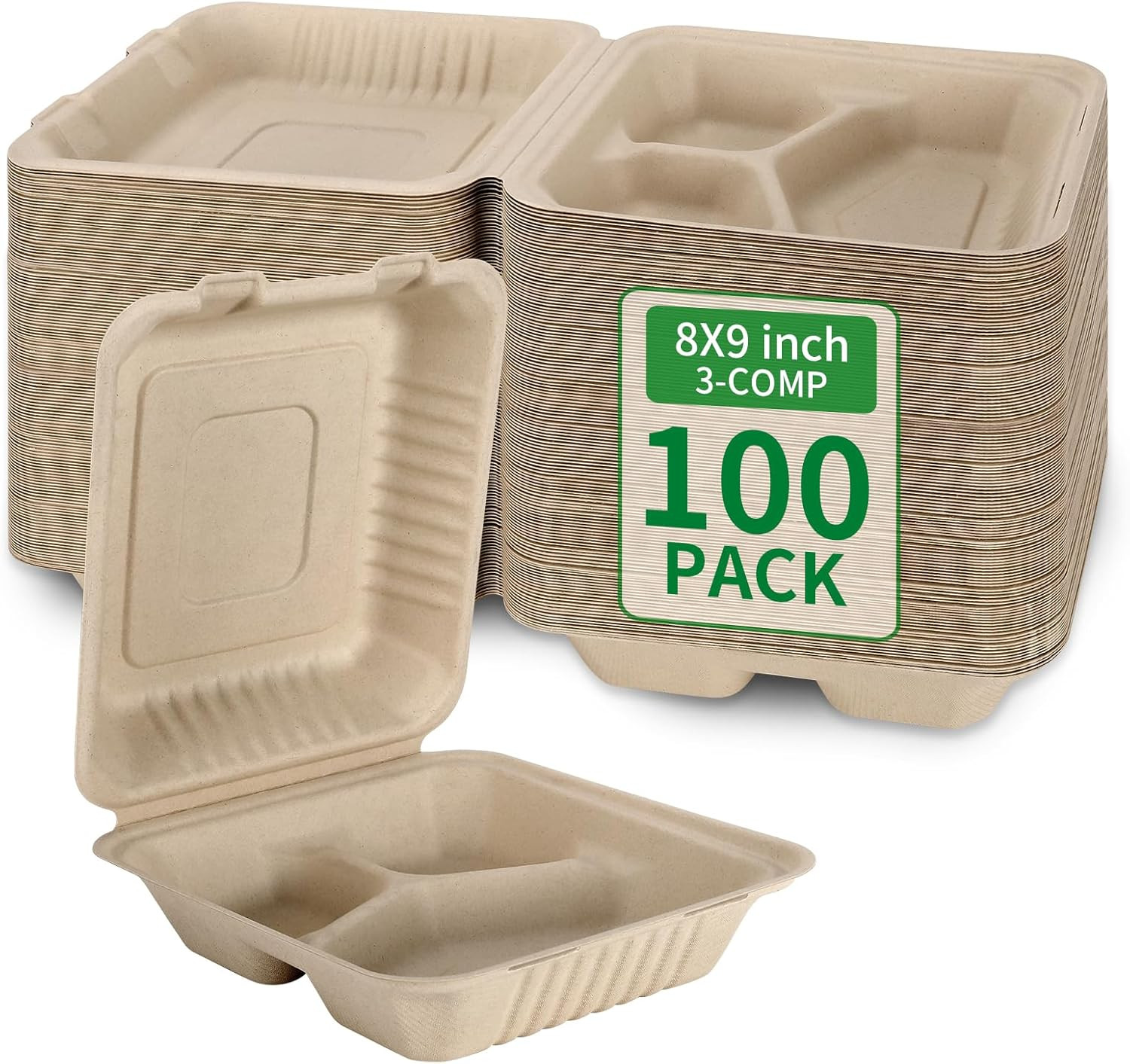 3‑Compartment 8×9″ Compostable Takeout Boxes 100‑Pack PFAS‑Free Bagasse