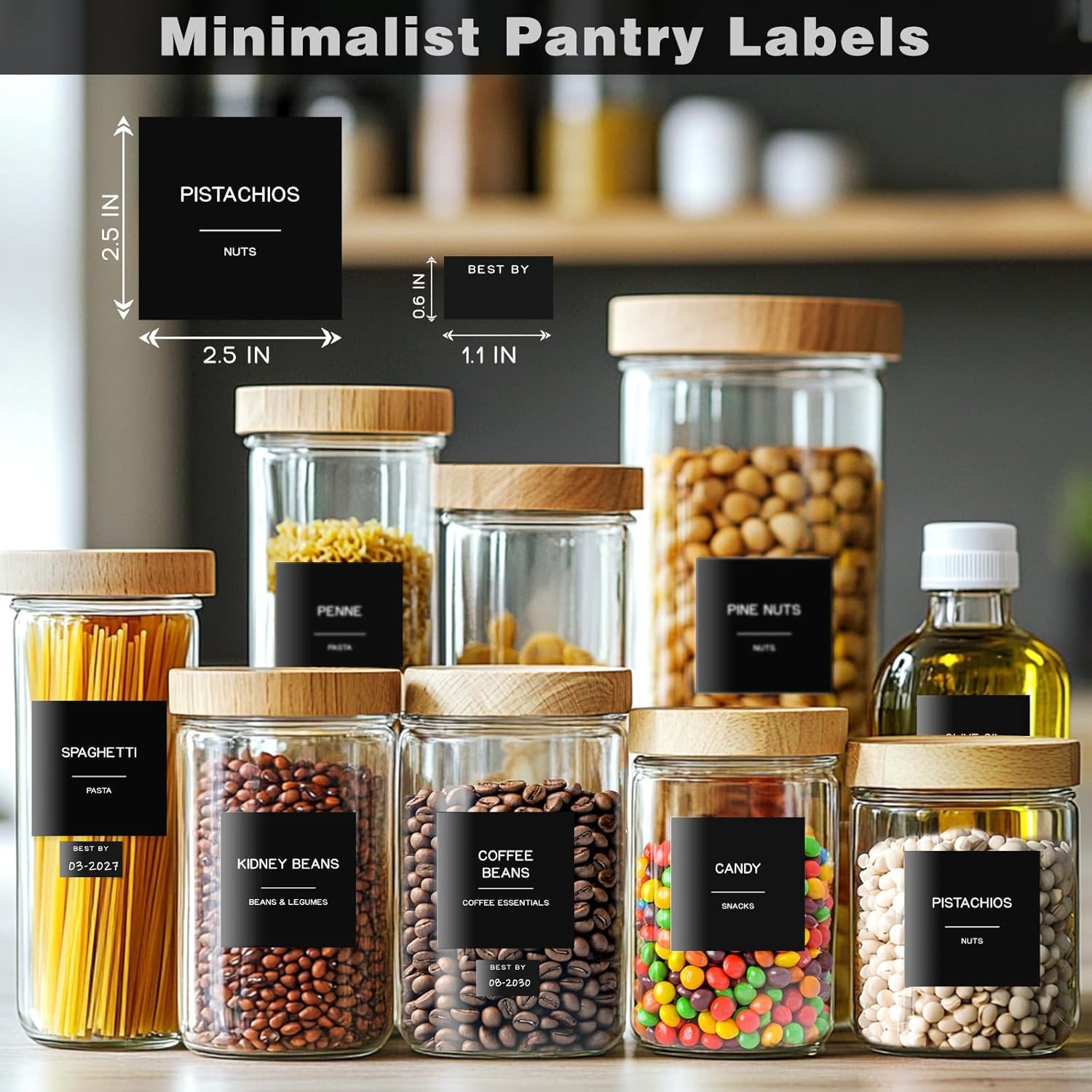 288 Pantry Labels for Food Containers, Black Preprinted Minimalist Waterproof St