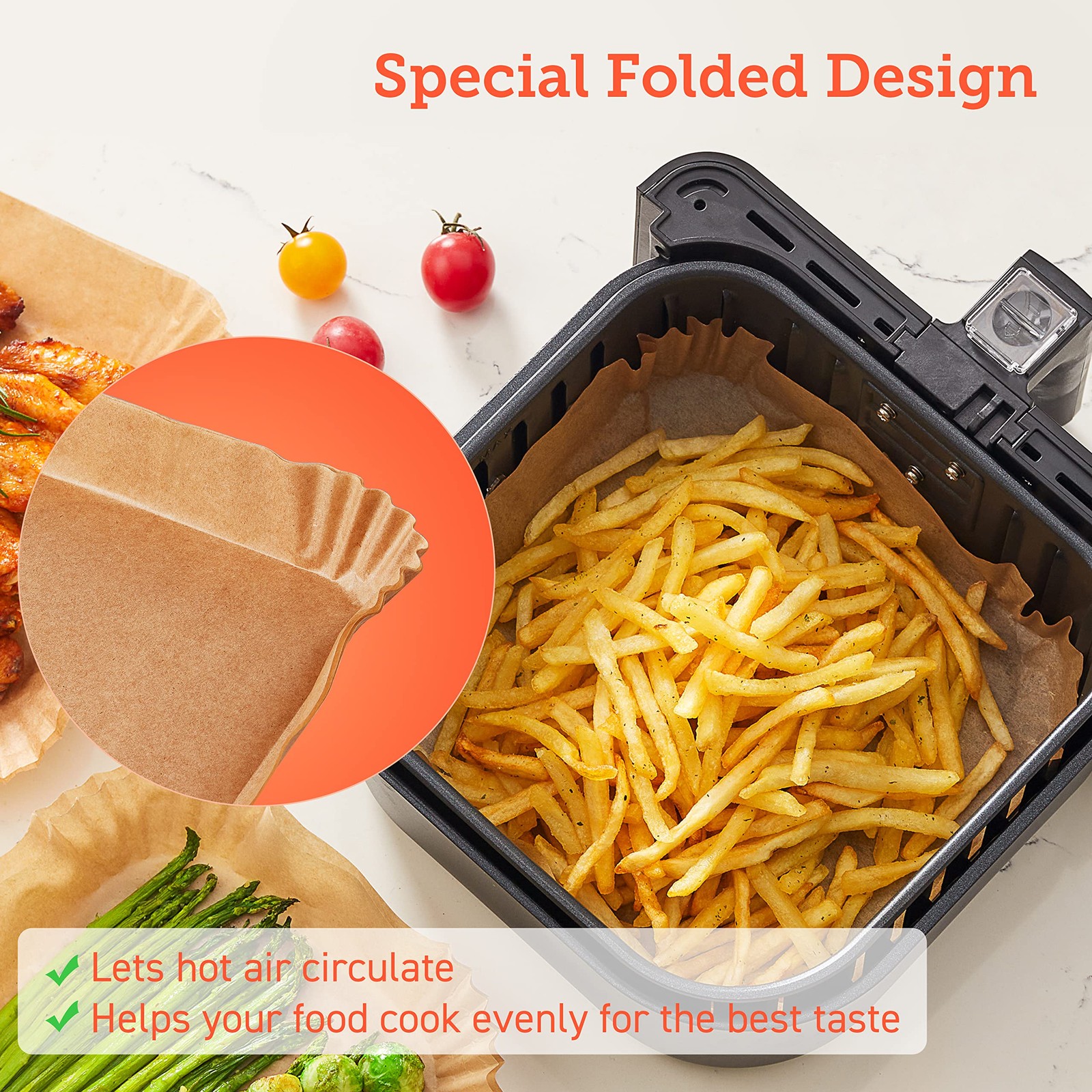 COSORI Air Fryer Liners, 100 PCS Square Disposable Paper 5QT or Above, Wood