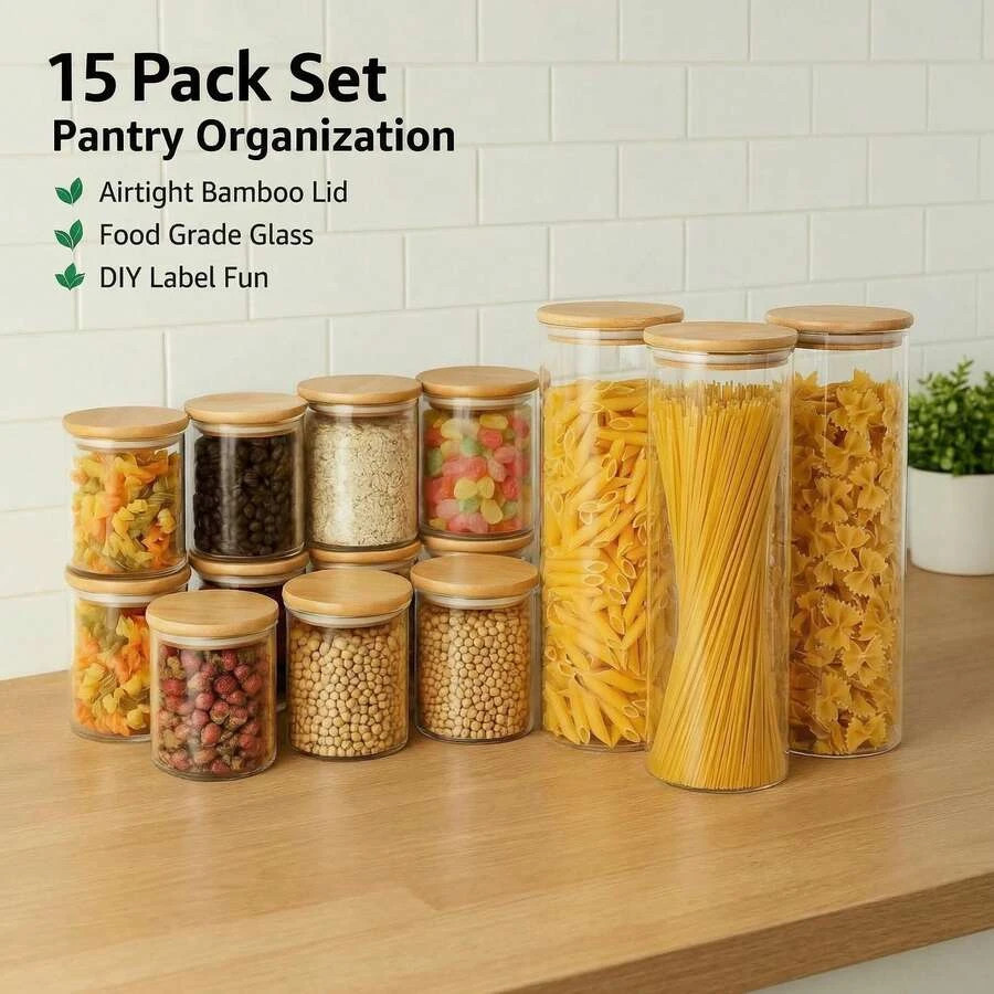 15-Piece Glass Storage Jar Set 2300ml Food Container Kitchen Gift