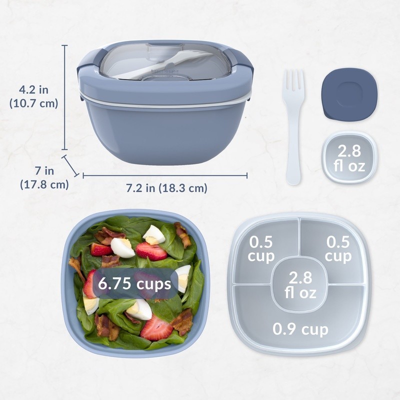 All-in-One Salad Container W/ Compartment Tray & Reusable Fork On-the-Go New