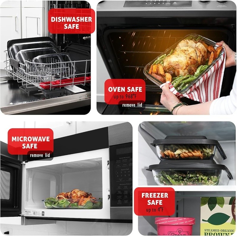 Glass Food Storage Containers 8pc Airtight Bakeware Set Oven Microwave Safe New