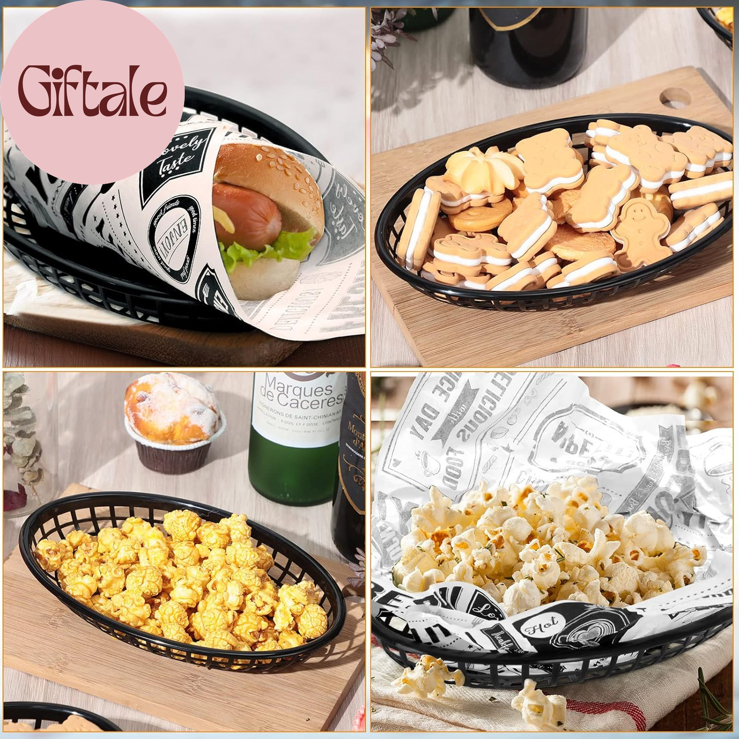 100 Pcs Fast Food Baskets 8.9 X 5.5 Inch Plastic Baskets for Food Black Chip Tra