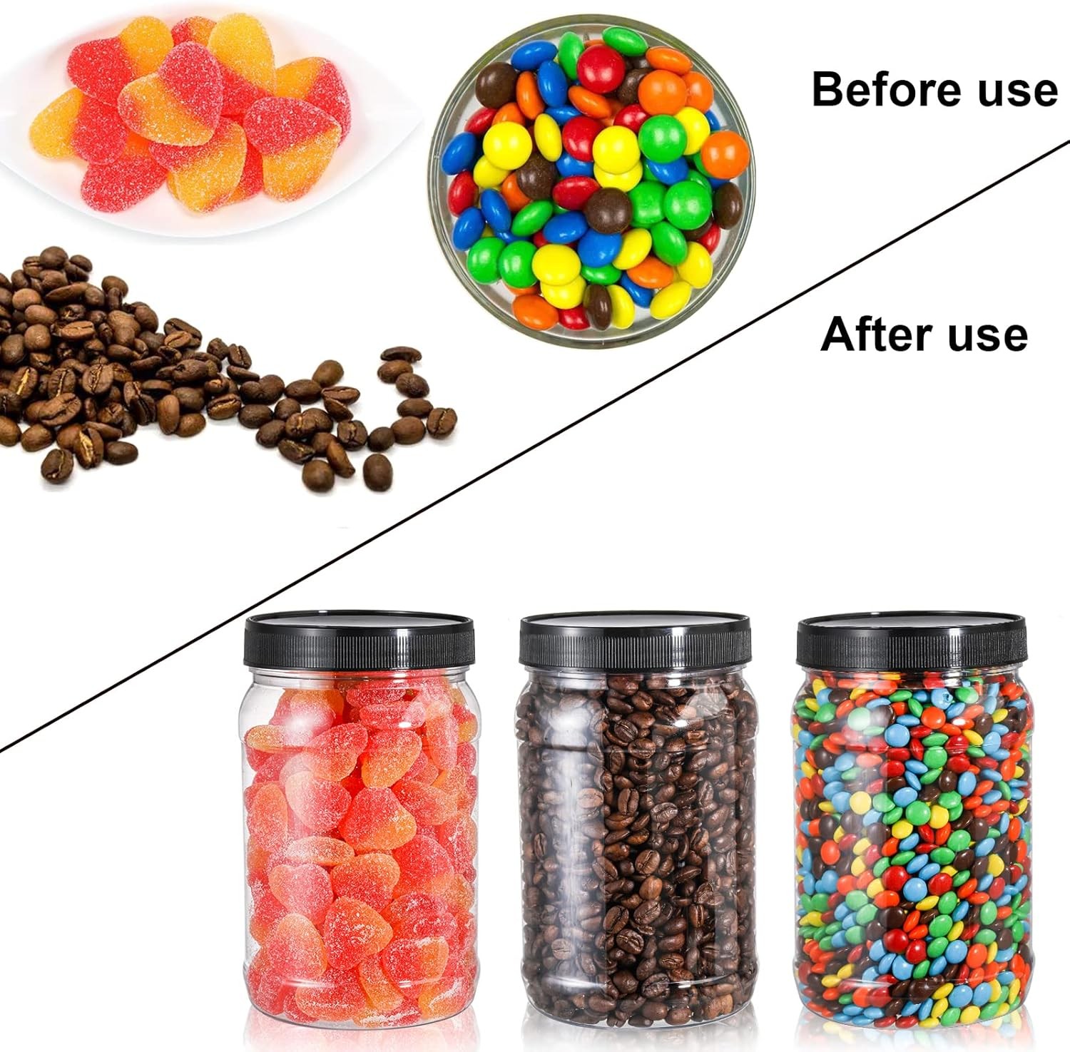 9 Pack 32 Oz Plastic Jars with Black Lids,Wide Mouth Clear Empty Plastic Storage