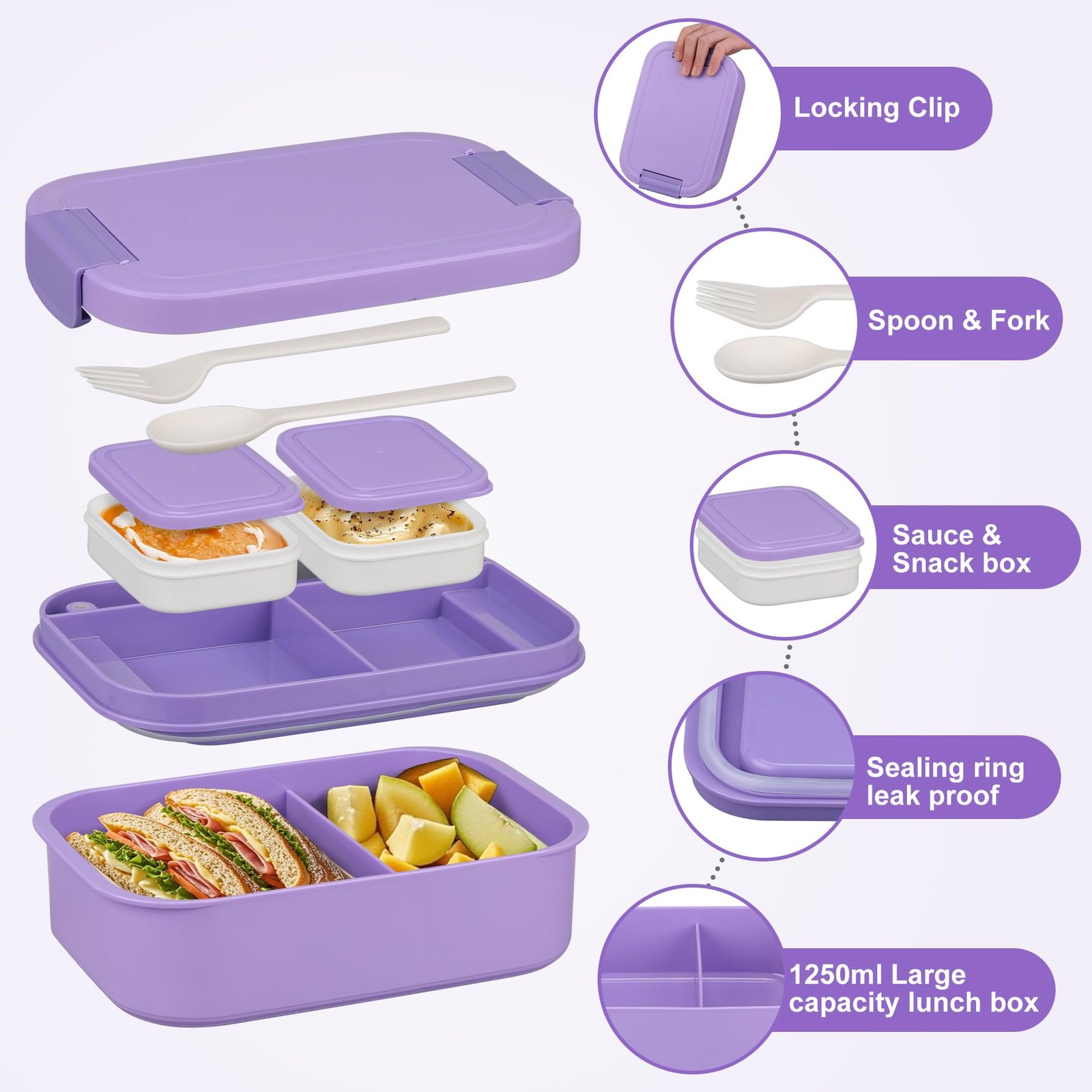 Large Bento Lunch Box Set for Adults Kids Women with 10.5oz Soup 1, Purple
