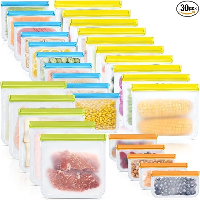 30 Pack Reusable Silicone Food Storage Bags, 4 Size Leak proof Dishwasher