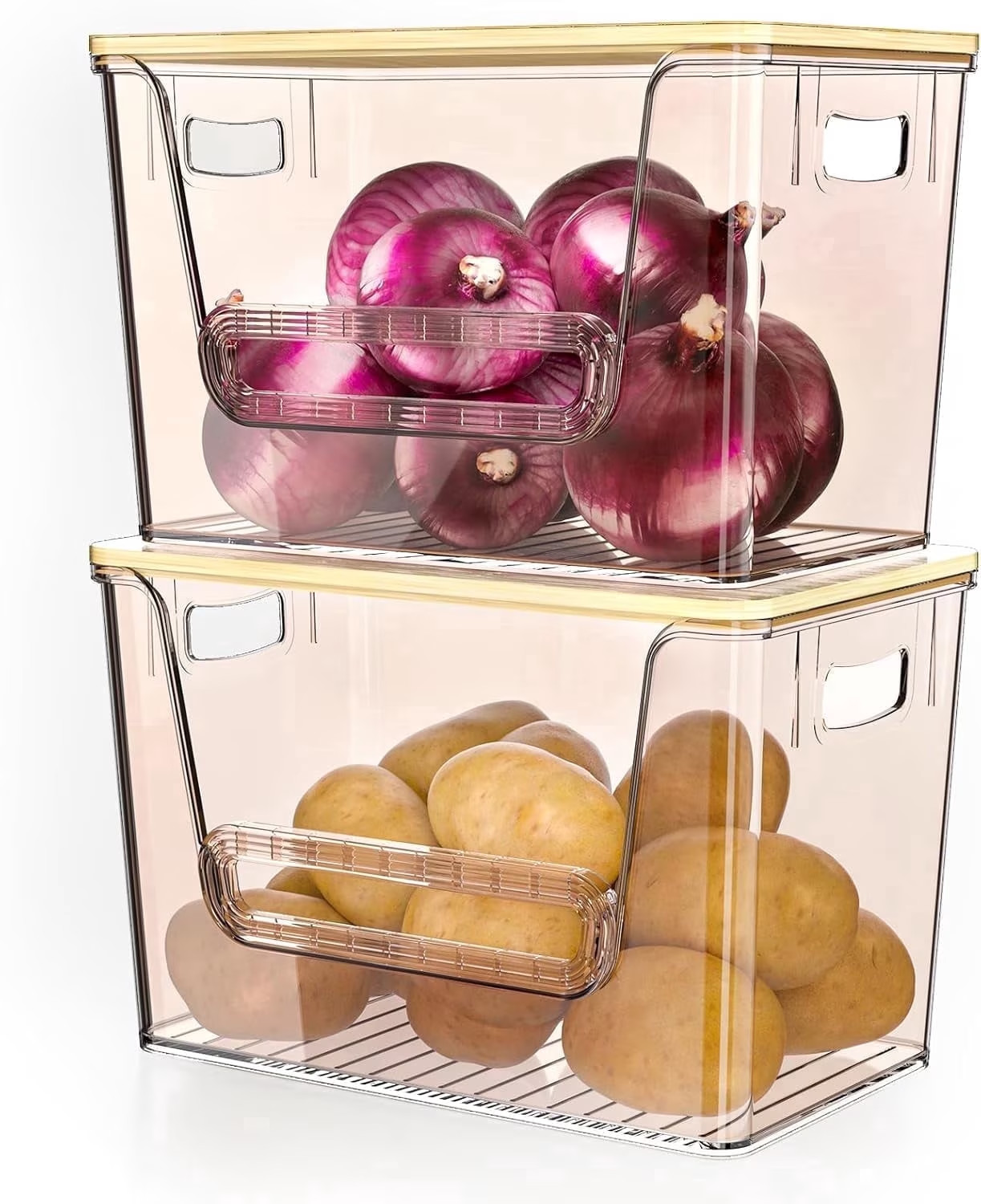 Potato Onion Storage Bin, 2 Pack Stackable Kitchen Pantry Organizer with Bamboo