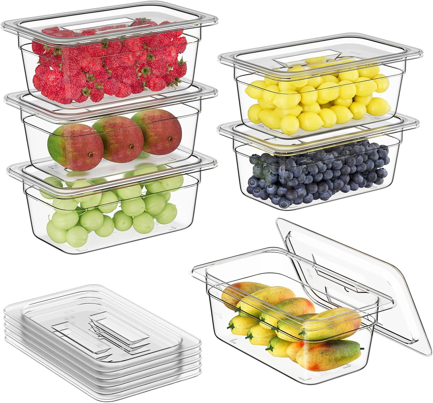 1/4 4” 6 Pack Plastic Food Pans With Lids, Clear Food Pan, Commercial Stackable