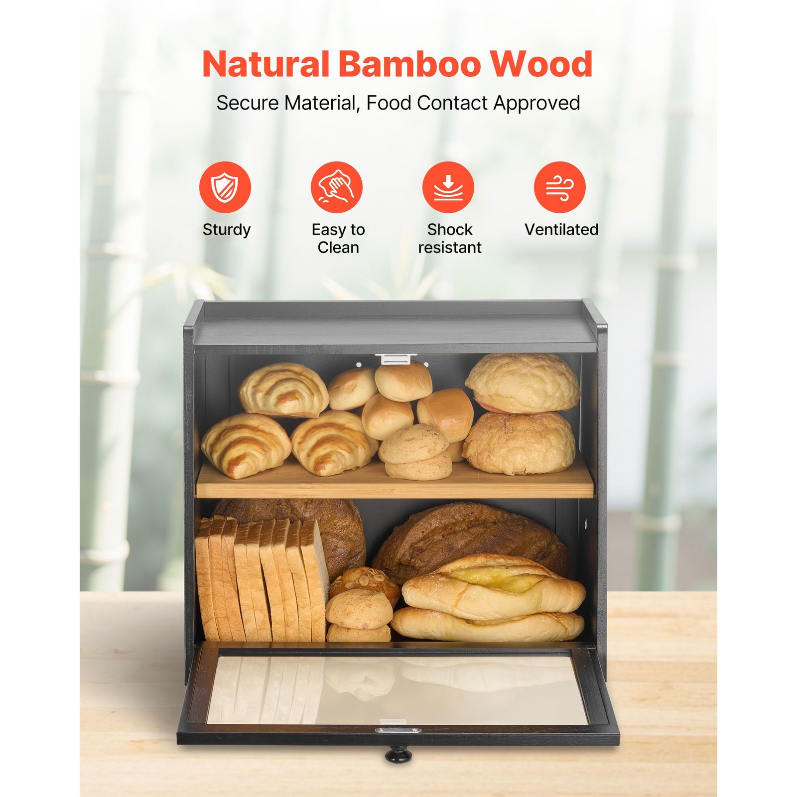 Double layer bamboo bread box with acrylic wavy door, large capacity for kitchen