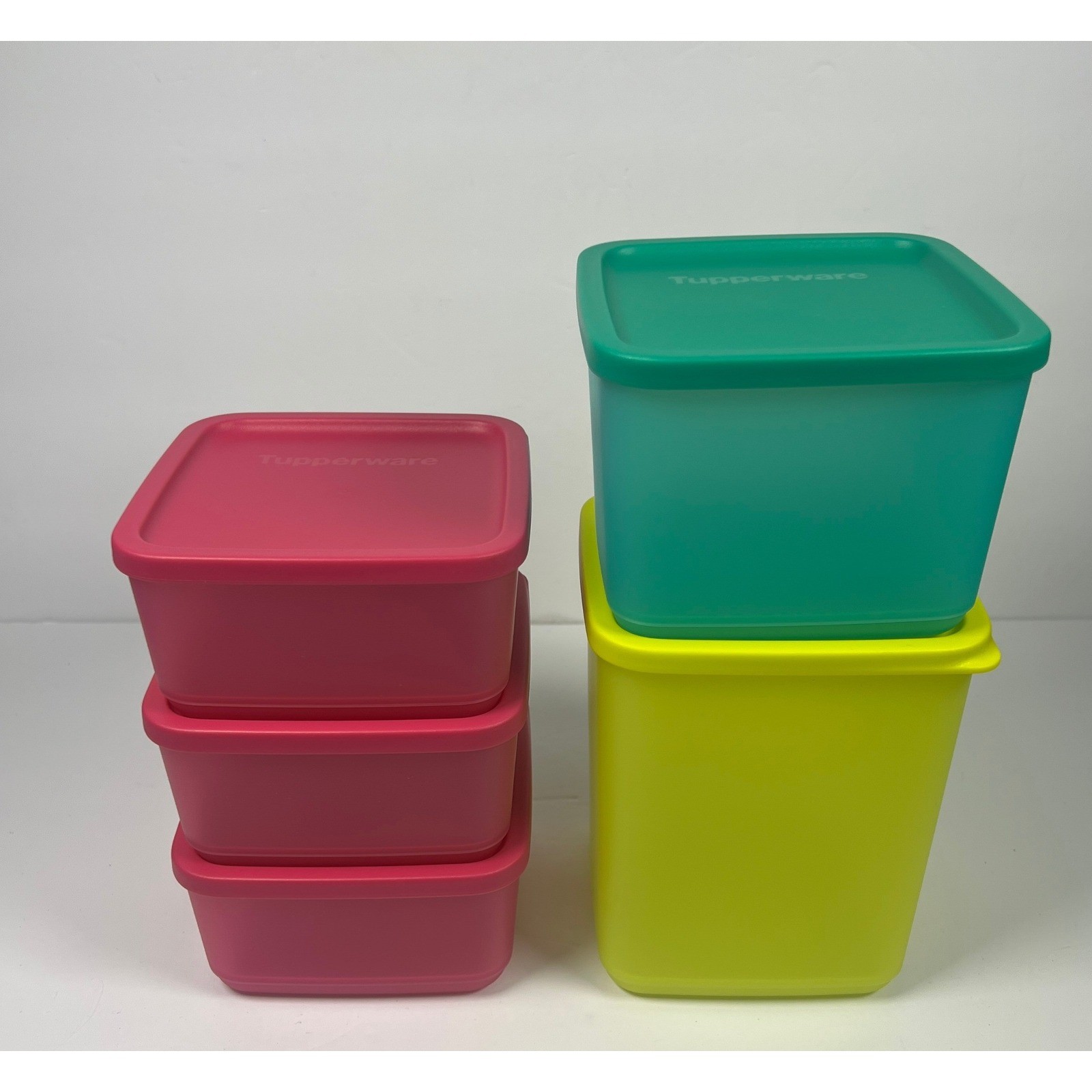 Tupperware Basic Bright Square Storage Container Set 5 Pink Yellow Green