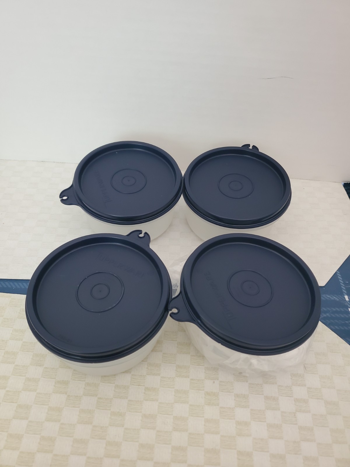 Tupperware Serving Cups Dip Bowls Set Of 4 Clear With Dark Blue Lids Storage