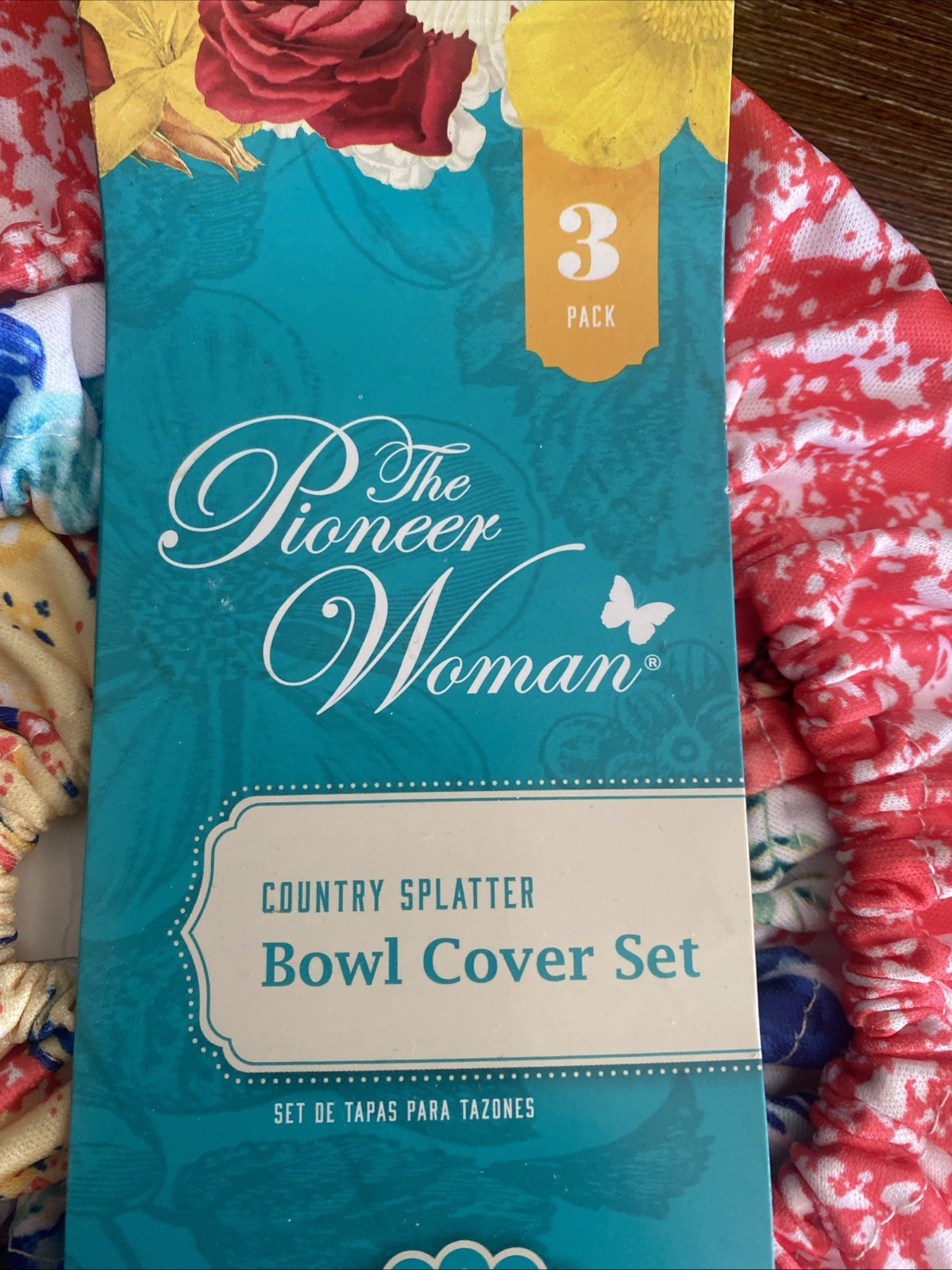 THE PIONEER WOMAN Set of 3 Country Splatter Coral Floral Reusable Bowl Covers
