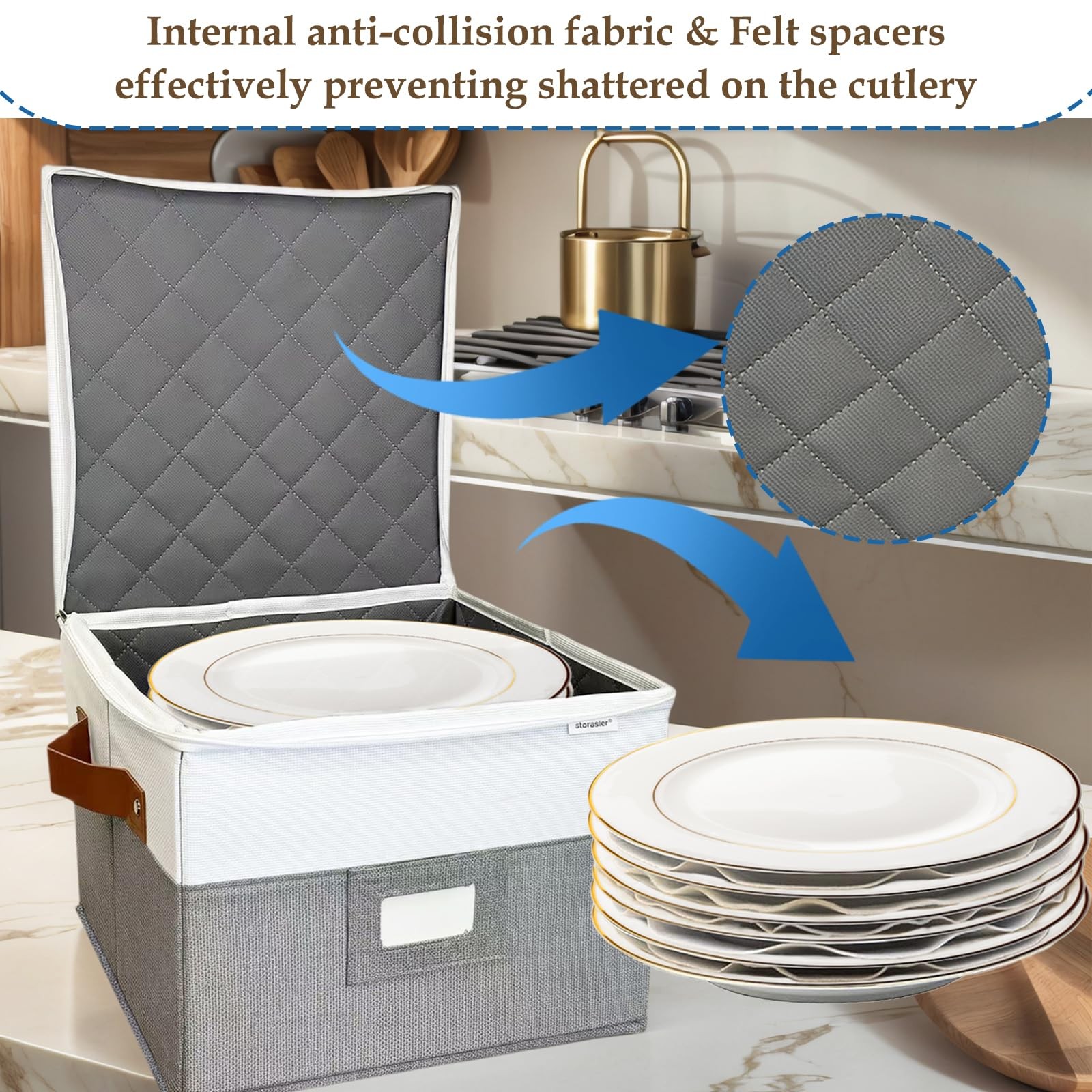 2 PCS Grey Quilted China Plate Storage Containers Lid Moving 12x12x8 Inch